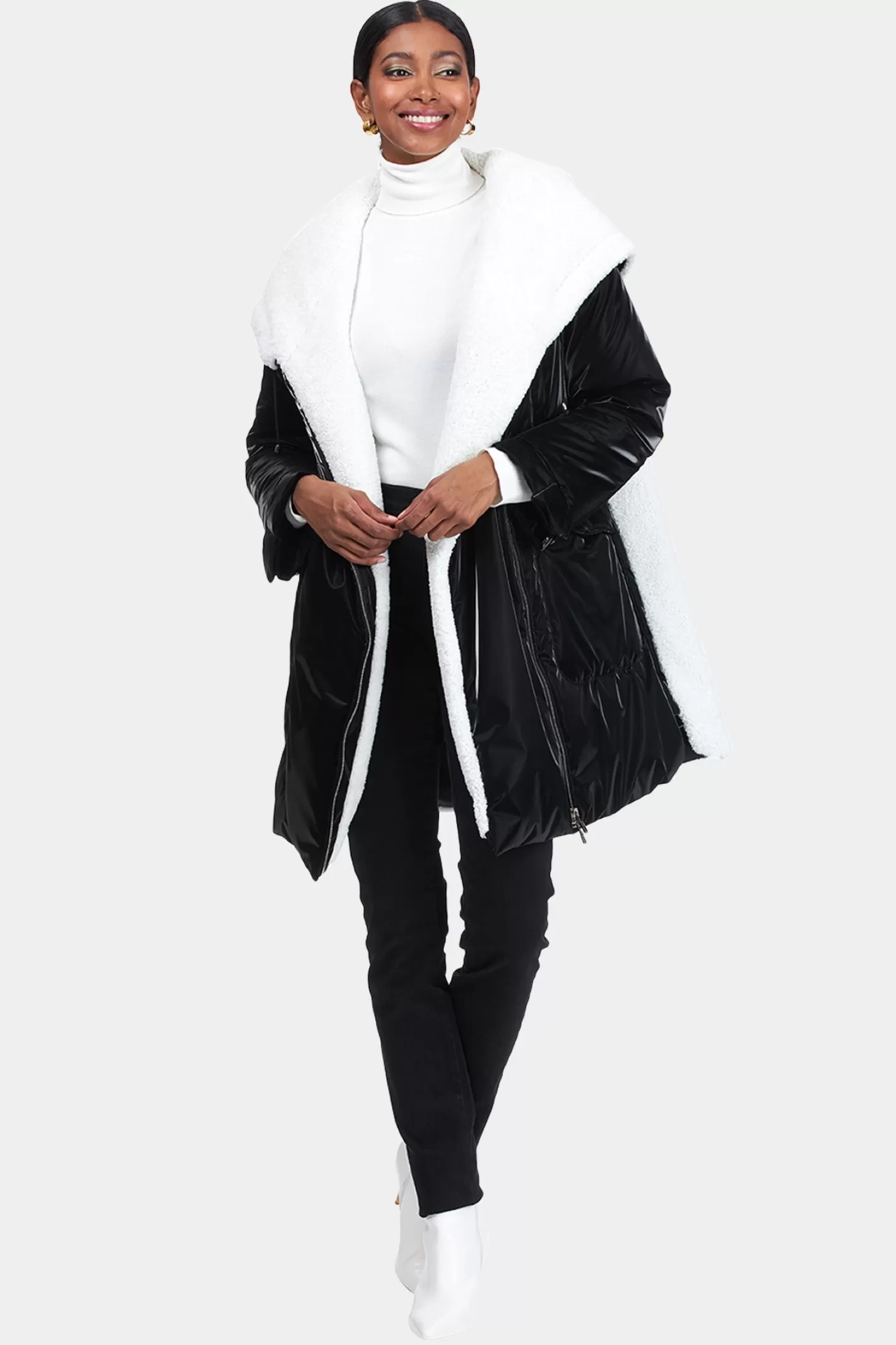 Doudoune asymétrique matelassée GORSKI - Capuche fourrée avec agneau shearling pour femme (Montréal)