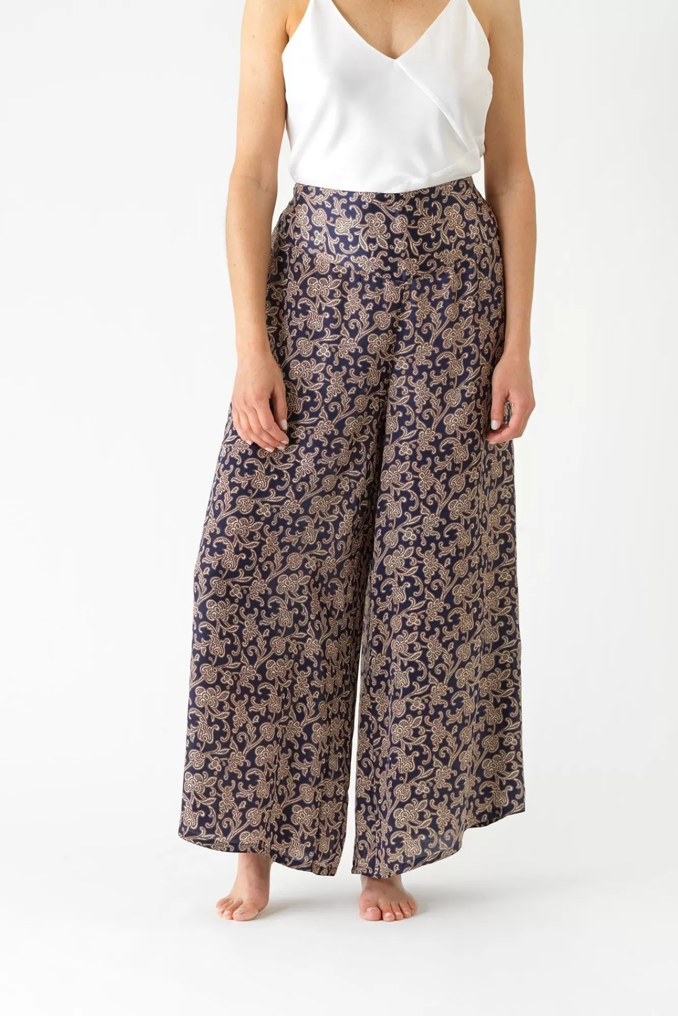 Pantalon Évasé Femme Bleu Saphir - Imprimé Floral Bohème Paisley - Modèle Largeur Évasée Élégante