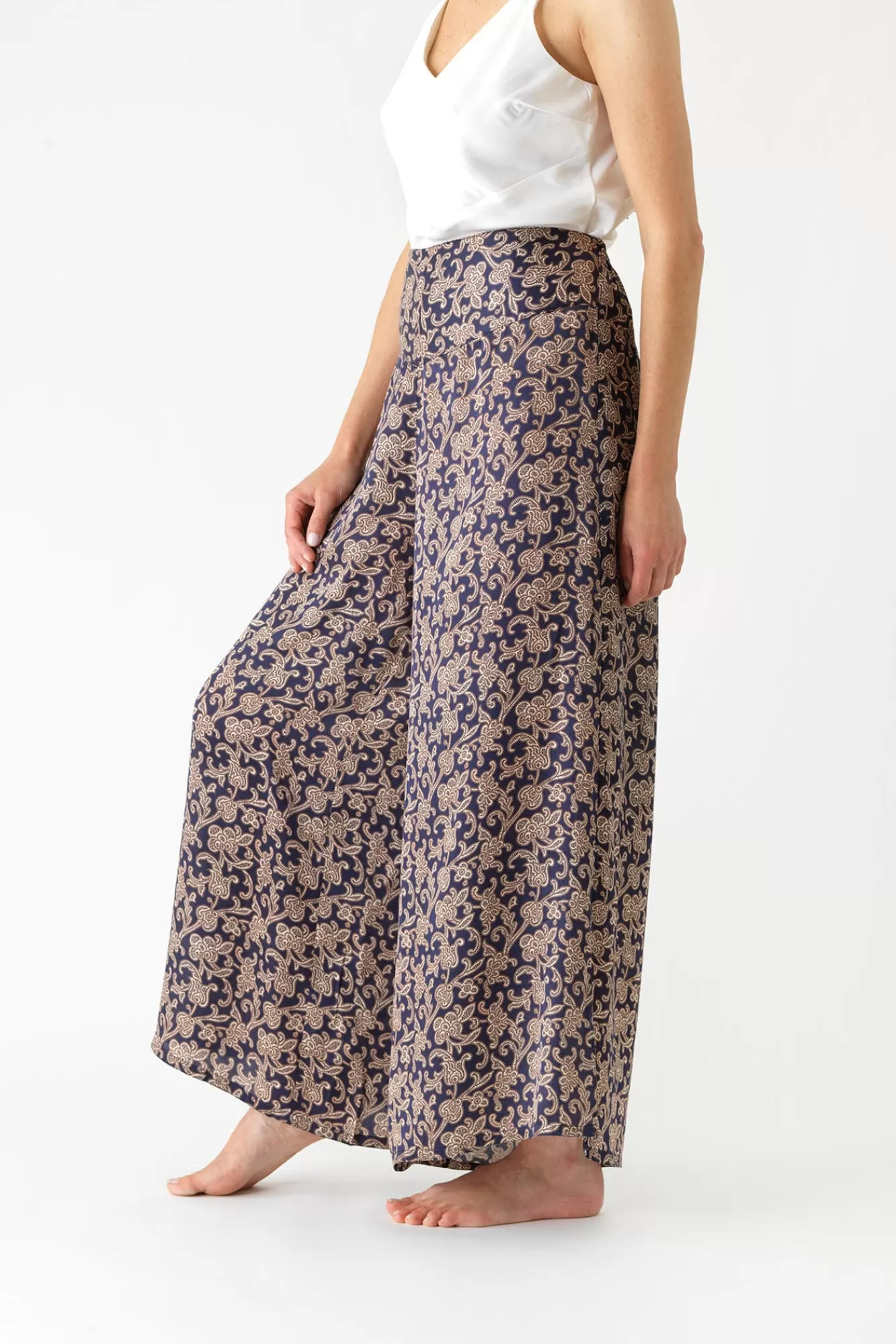Pantalon Évasé Femme Bleu Saphir - Imprimé Floral Bohème Paisley - Modèle Largeur Évasée Élégante