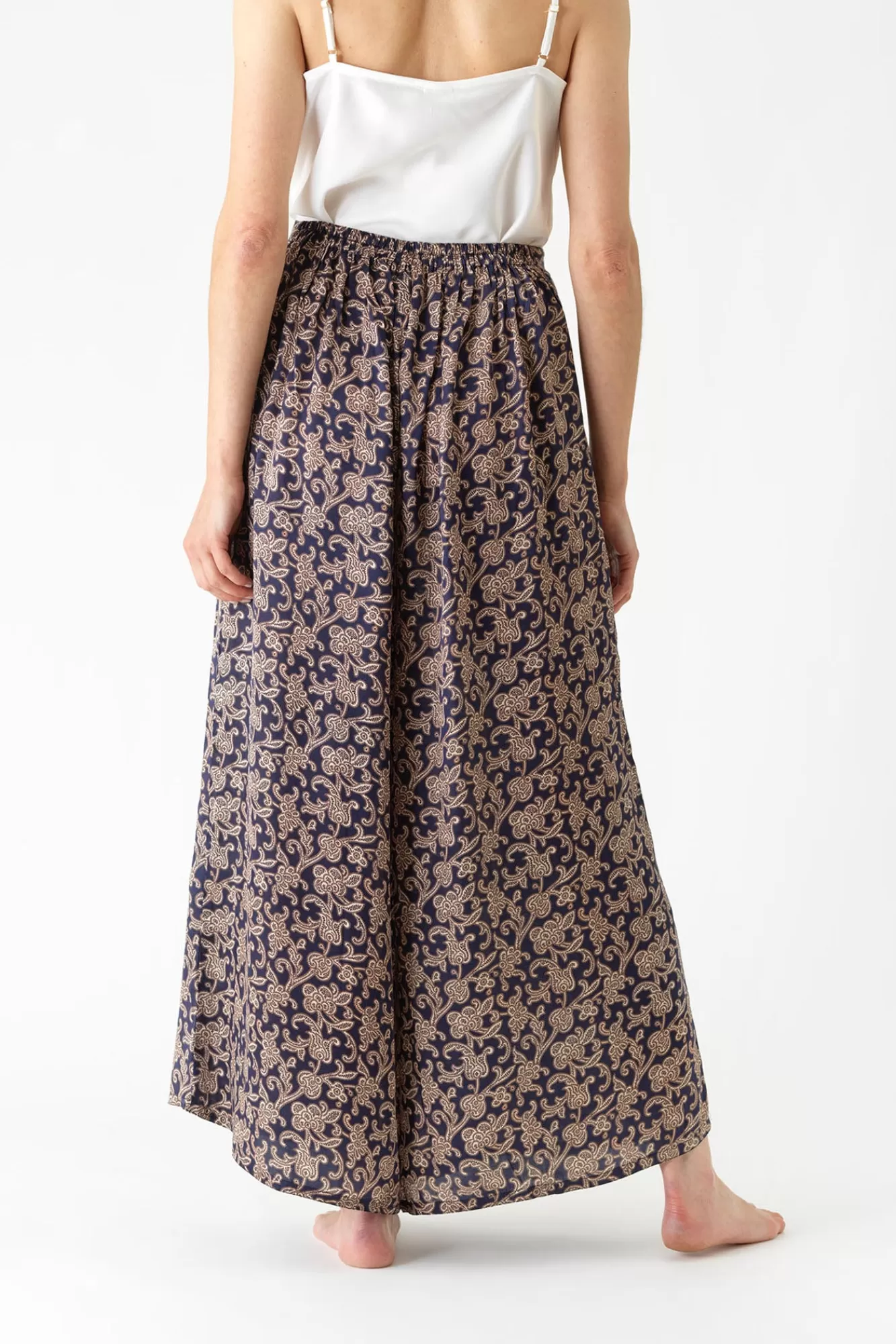 Pantalon Évasé Femme Bleu Saphir - Imprimé Floral Bohème Paisley - Modèle Largeur Évasée Élégante