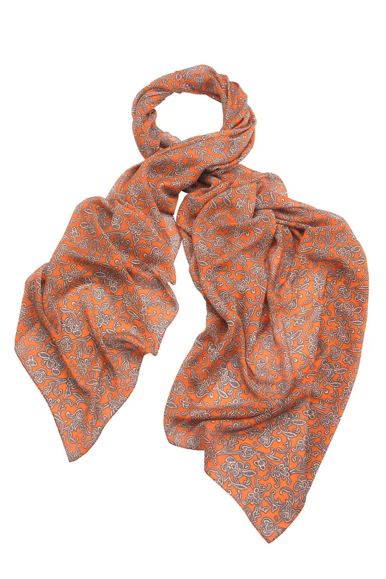 Écharpe en Soie Élégante - Motifs Floraux et Paisleys dans des Tons Orangés Vibrants