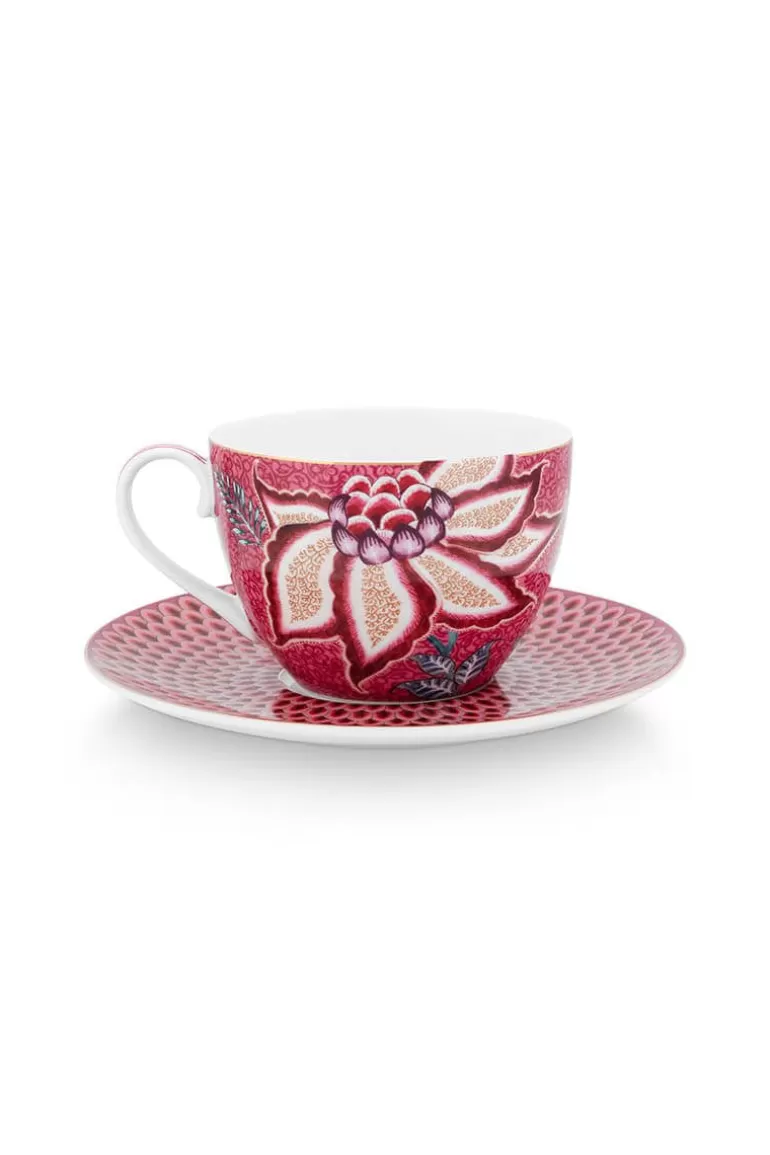 Pip Studio - Service à Café « Flower Festival » (2 Pièces) Tasse & Soucoupe en Céramique Rose Foncé