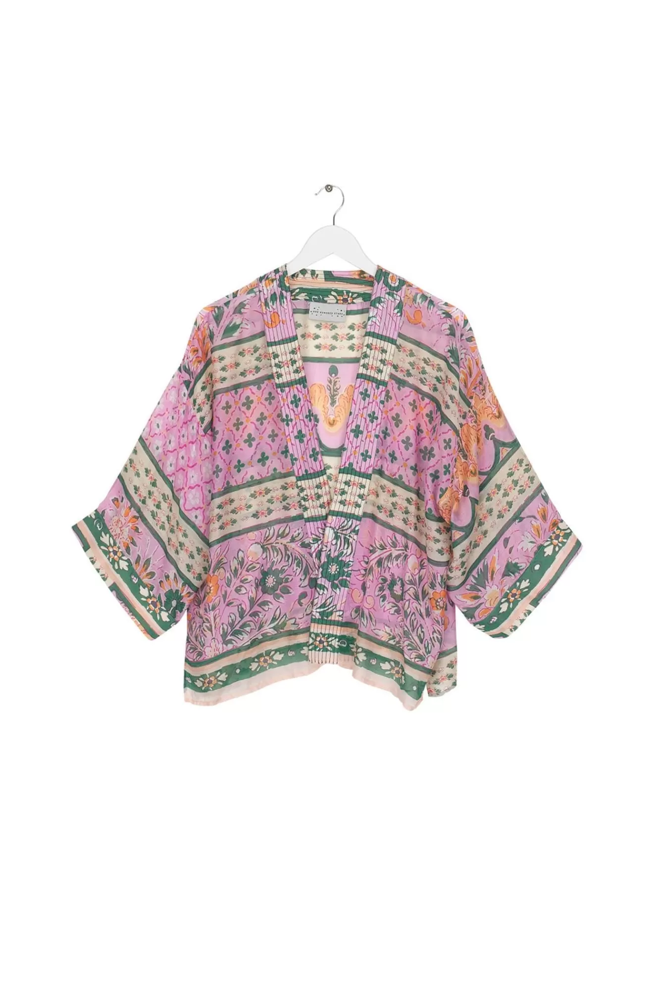 Kimono Courte Femme « Cent Étoiles » – Broderie Florale Ethnique en Rose Poudré