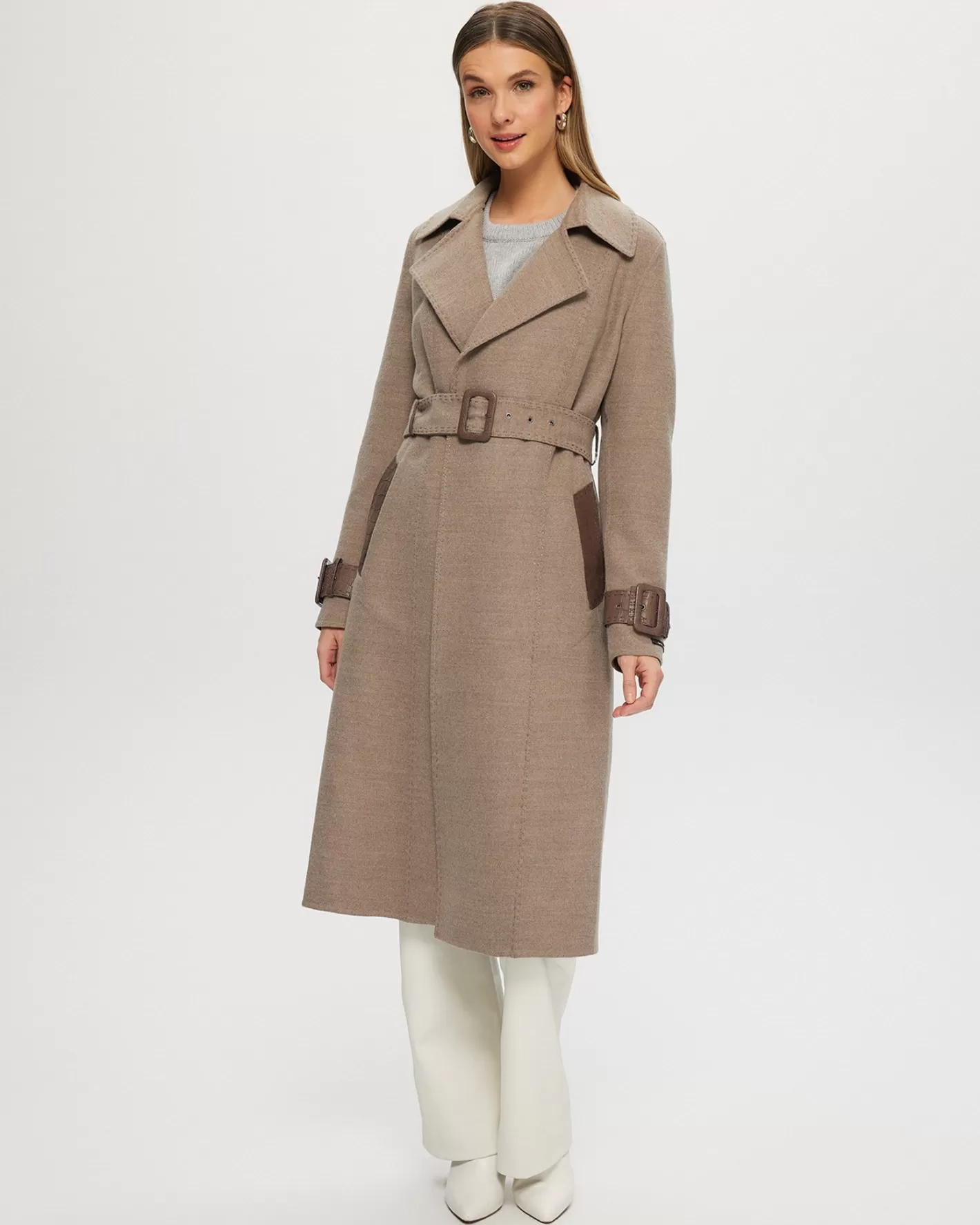Manteau trench femme en cachemire et laine Loro Piana avec détails cuir - Édition Montréal GORSKI