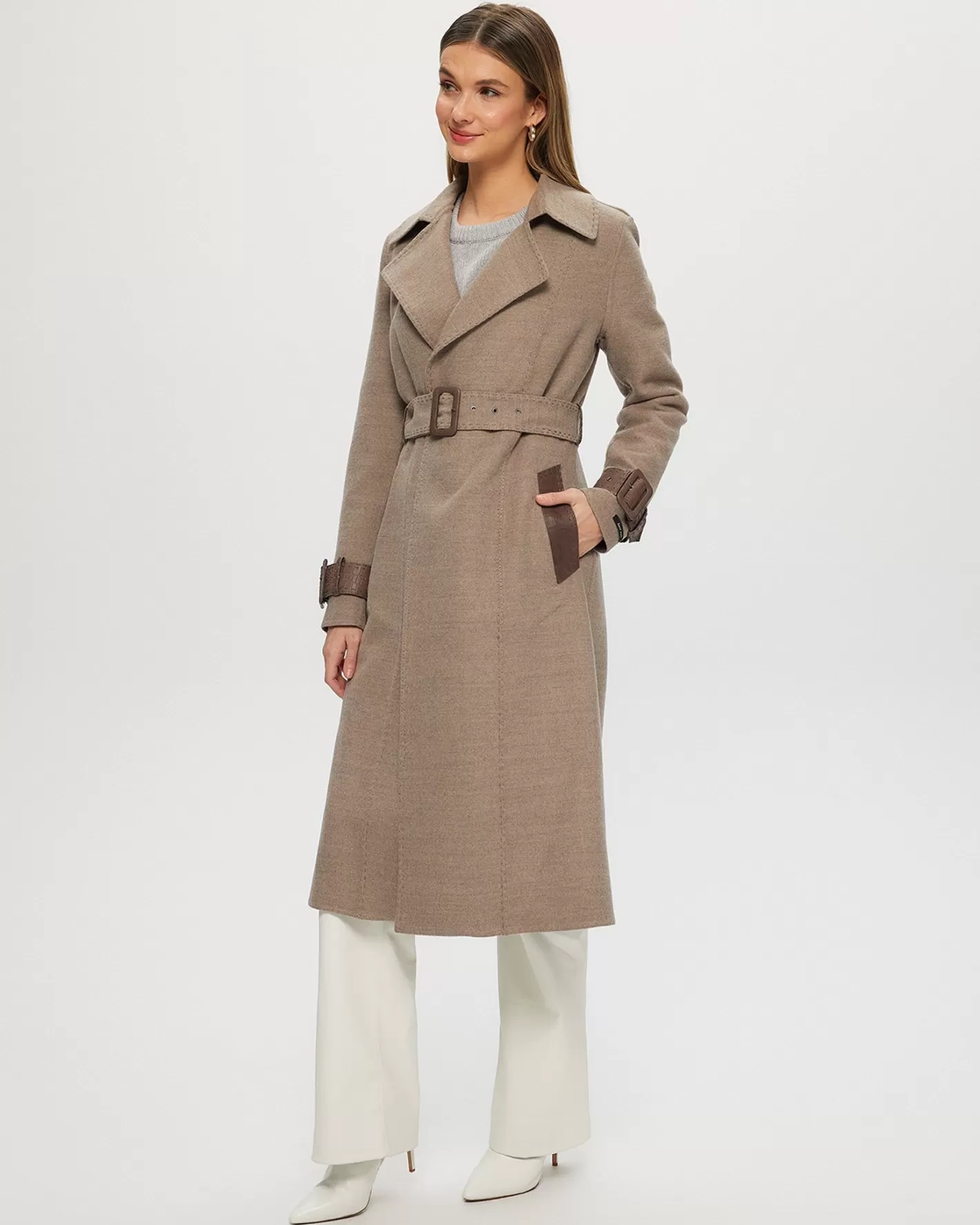 Manteau trench femme en cachemire et laine Loro Piana avec détails cuir - Édition Montréal GORSKI