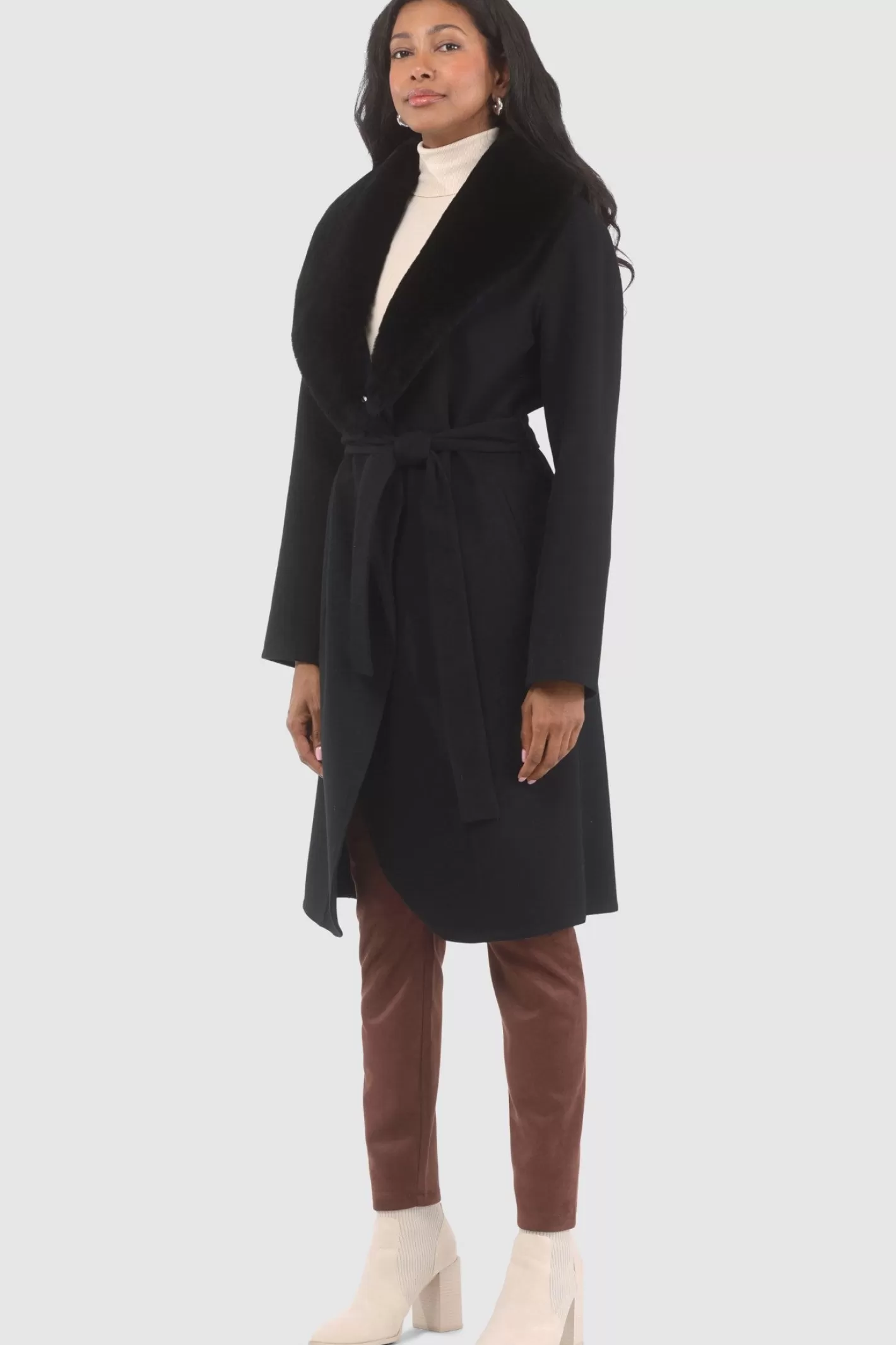 Manteau droit pour femme GORSKI Montréal en laine Loro Piana avec col détachable en agneau shearling de qualité supérieure