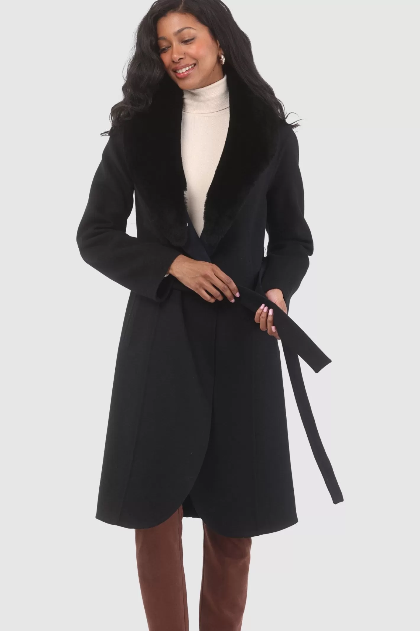Manteau droit pour femme GORSKI Montréal en laine Loro Piana avec col détachable en agneau shearling de qualité supérieure