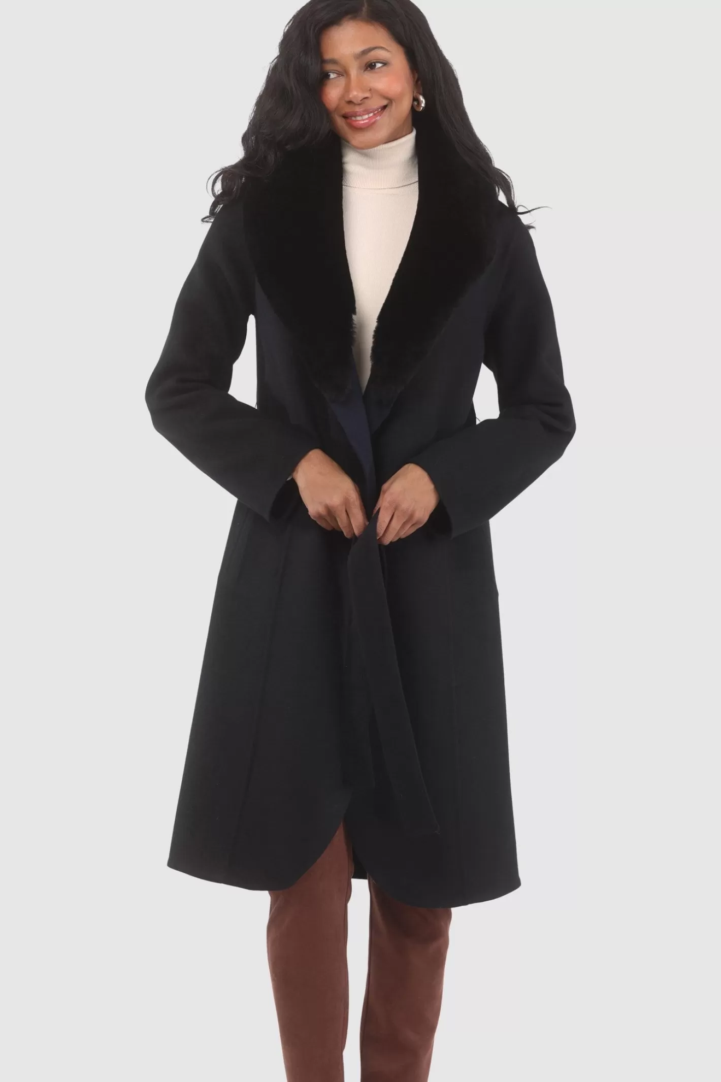 Manteau droit pour femme GORSKI Montréal en laine Loro Piana avec col détachable en agneau shearling de qualité supérieure