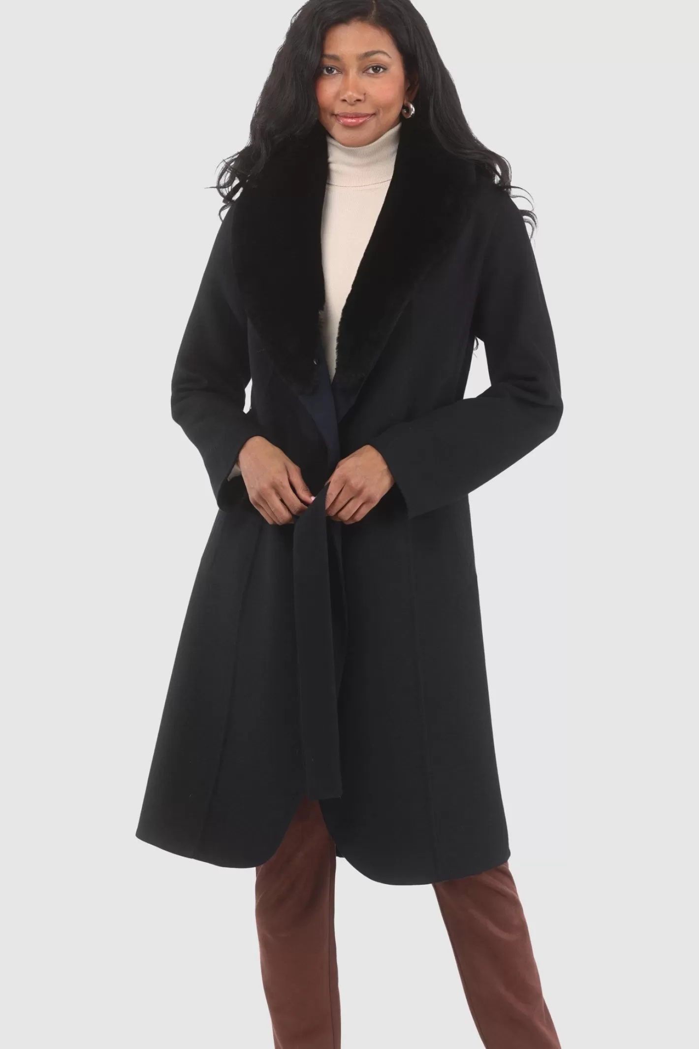 Manteau droit pour femme GORSKI Montréal en laine Loro Piana avec col détachable en agneau shearling de qualité supérieure