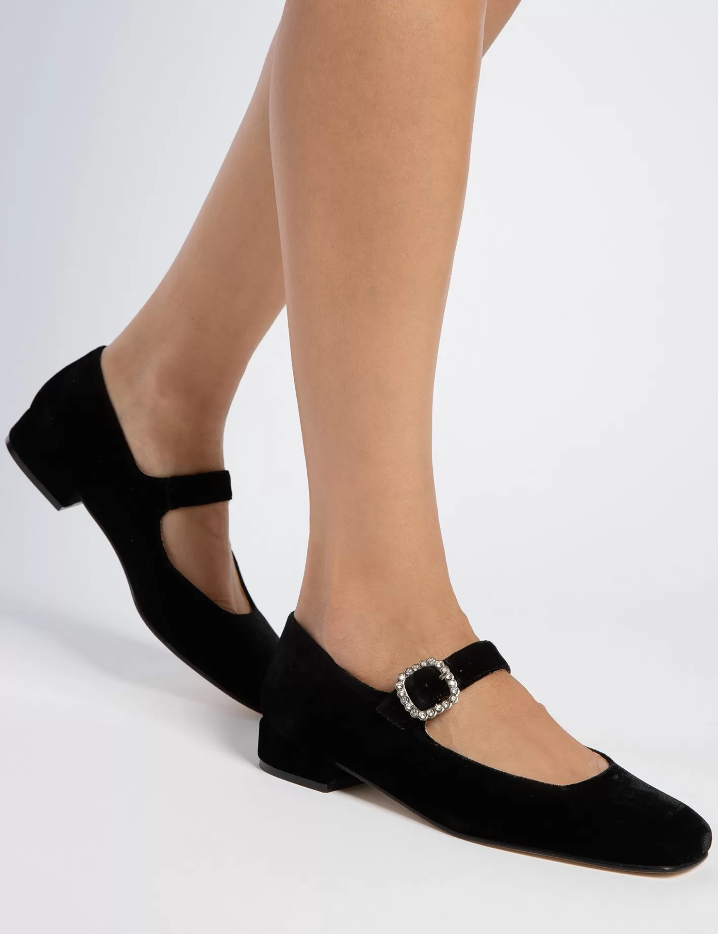 Escarpins Femme à Talons Bas avec Strass - Velours Luxueux Mary Jane | Chaussures Élégantes pour Soirée