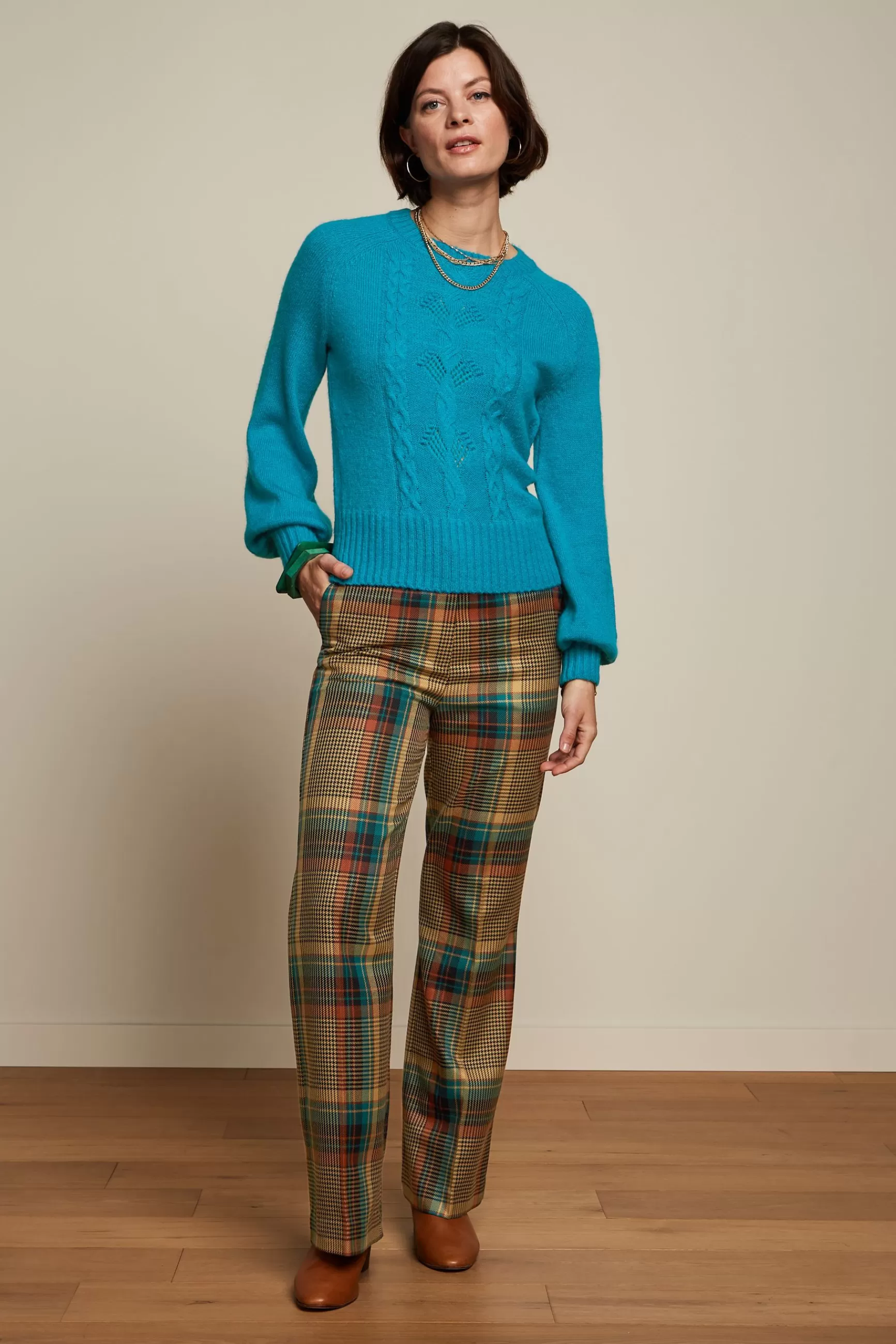 Pantalon Femme King-Louie Marcie - Détails Plumes & Motif Écossais - Style Bohème Chic