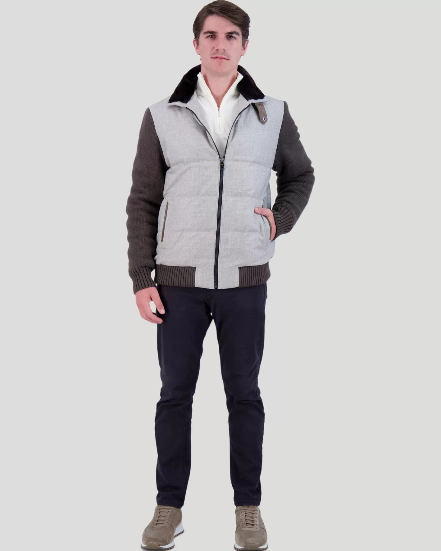 Veste homme GORSKI Montréal - Mélange cachemire Loro Piana et laine vierge avec col en agneau shearling - Détail artisanal au tombé naturel - Pièce chaude et douce pour automne