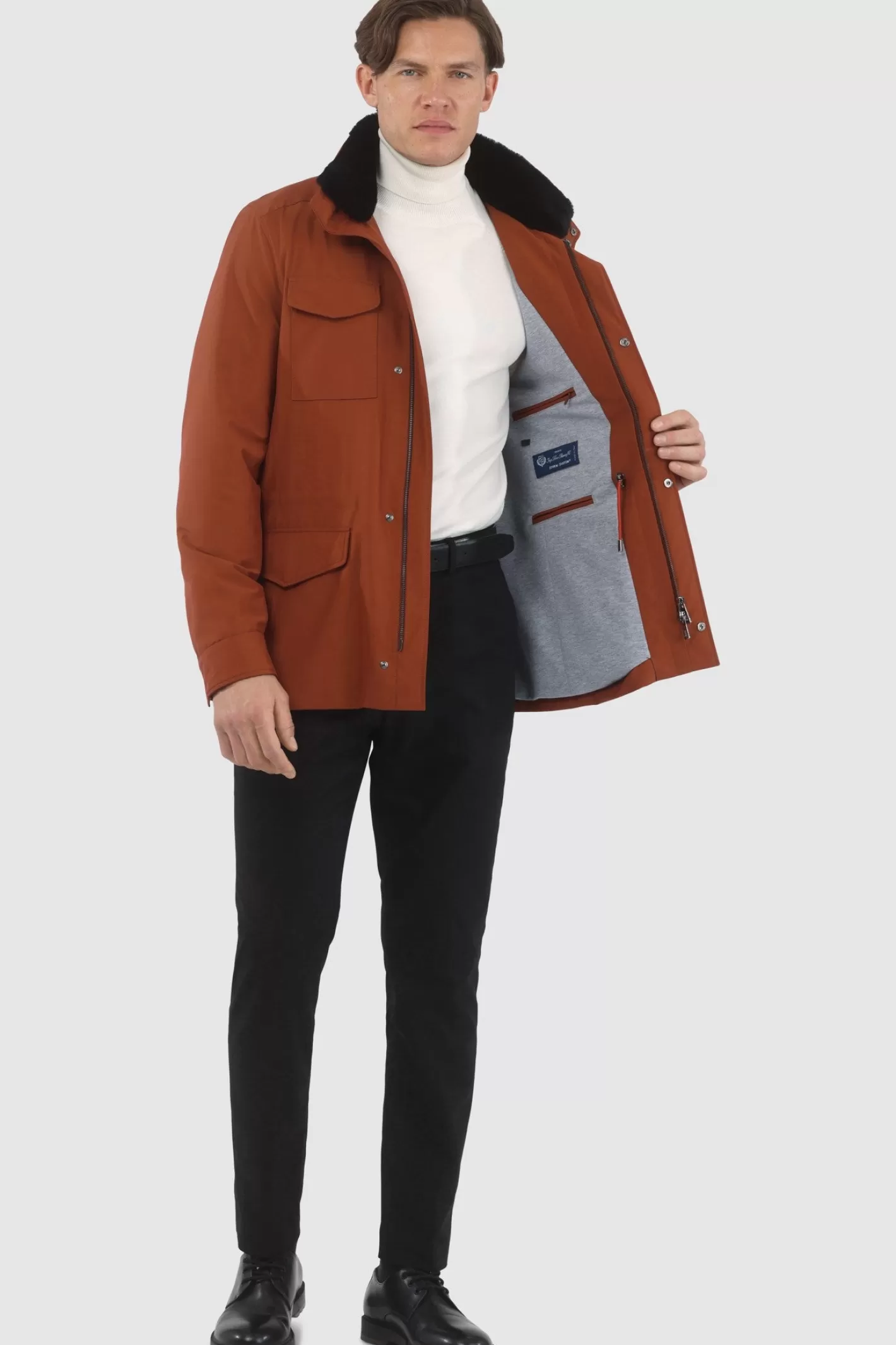 Veste pour homme GORSKI Montréal – Doudoune imperméable avec doublure Storm System de Loro Piana, col en agneau shearling amovible et capuche intégrée