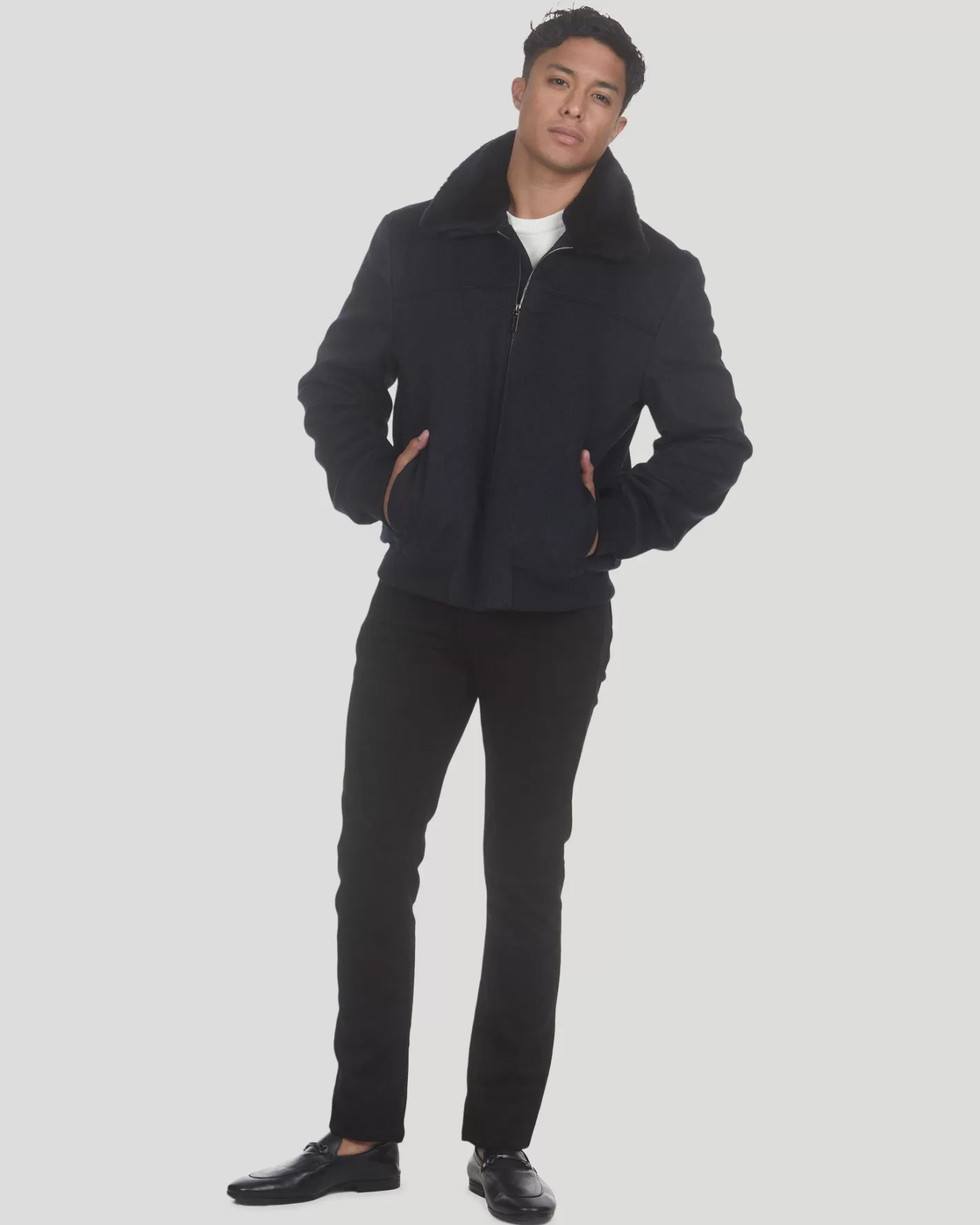 Veste d'hiver GORSKI Montréal pour homme - Laine luxueuse Loro Piana avec col amovible en agneau shearling sélectionné - Style décontracté chic