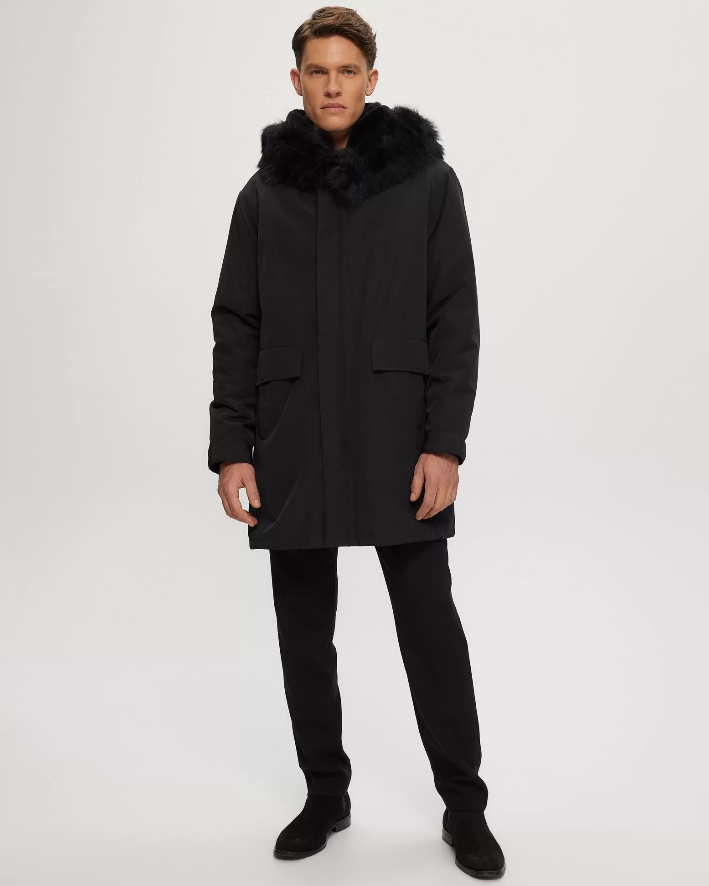 Parka d'hiver élégant pour homme GORSKI Montréal – Doublure en agneau shearling sélectionné et capuche bordée d'un style smoking raffiné