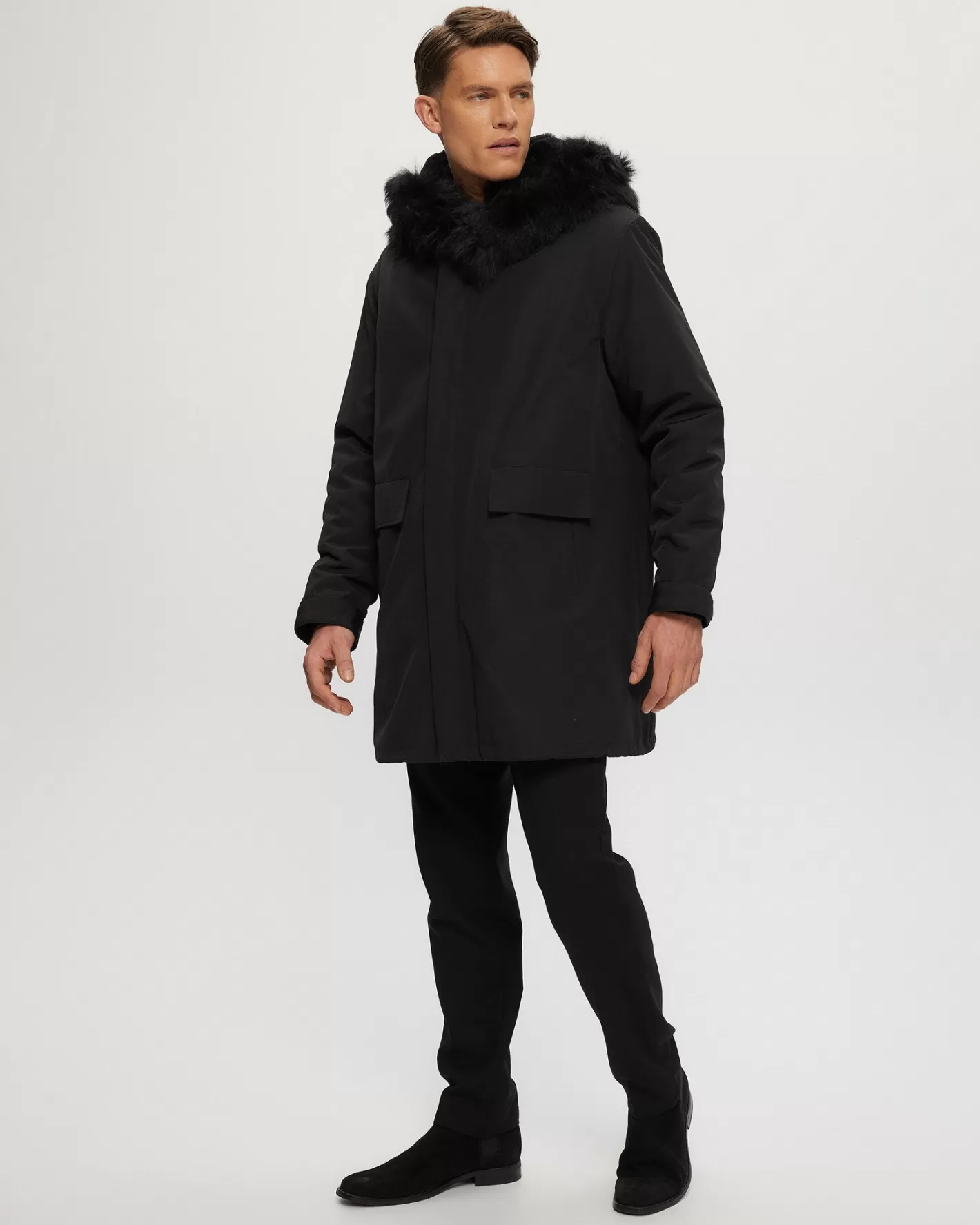 Parka d'hiver élégant pour homme GORSKI Montréal – Doublure en agneau shearling sélectionné et capuche bordée d'un style smoking raffiné