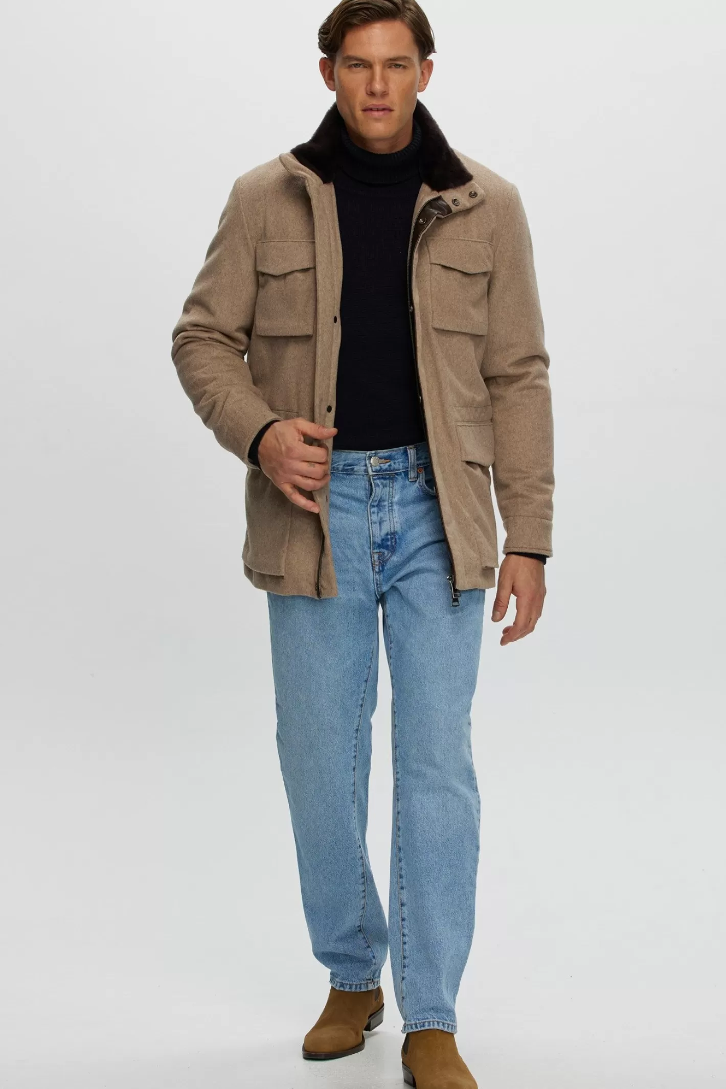 Veste homme GORSKI Montréal en tissu premium avec col en laine mérinos et agneau shearling - Confort hivernal et élégance urbaine