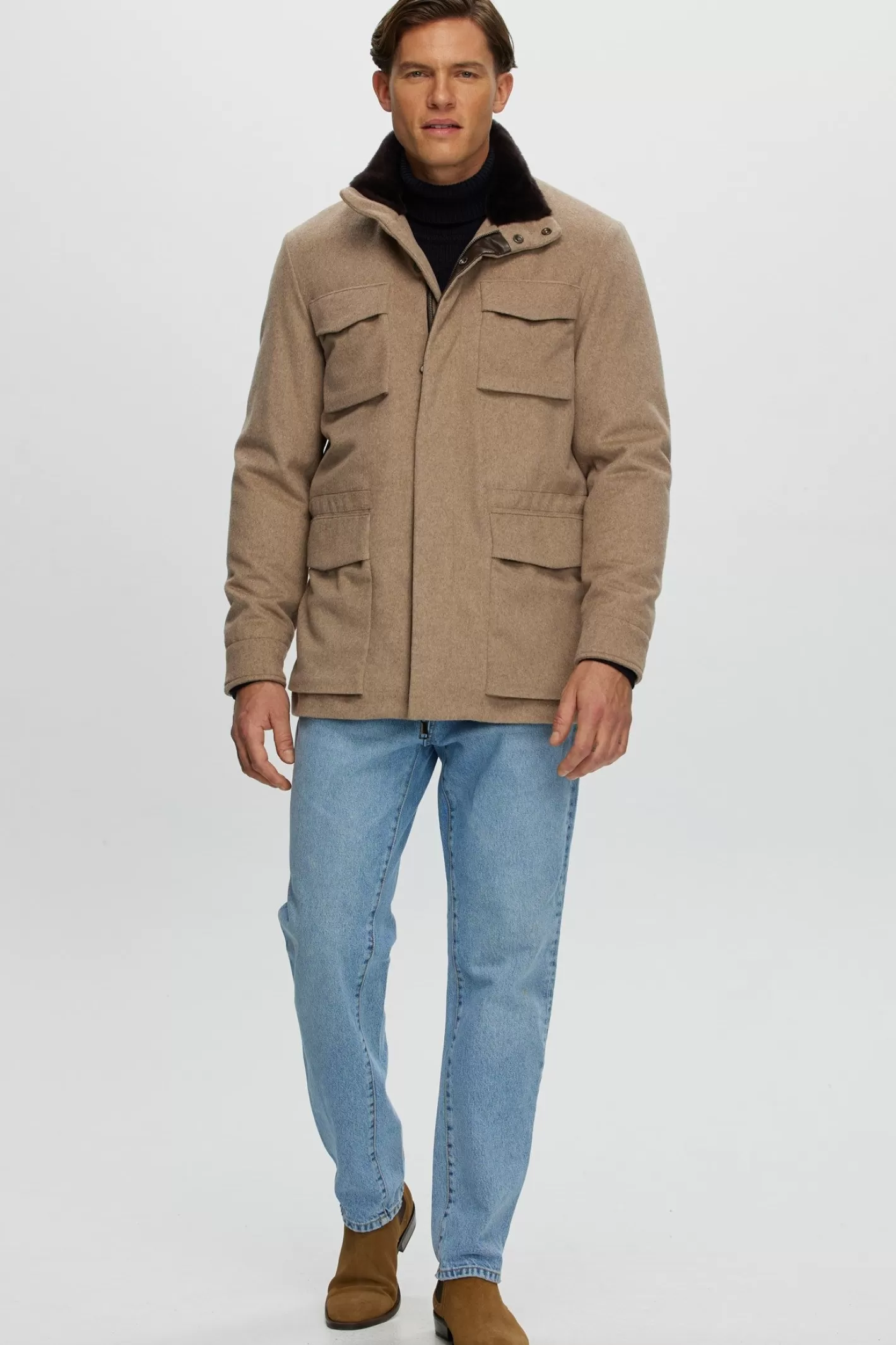 Veste homme GORSKI Montréal en tissu premium avec col en laine mérinos et agneau shearling - Confort hivernal et élégance urbaine