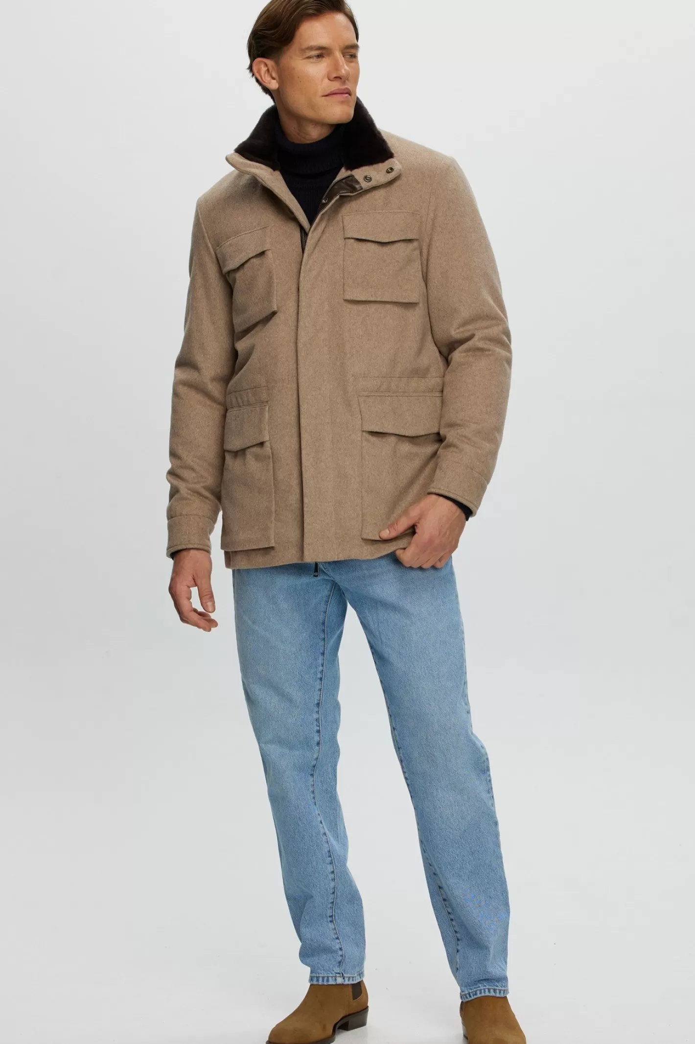 Veste homme GORSKI Montréal en tissu premium avec col en laine mérinos et agneau shearling - Confort hivernal et élégance urbaine