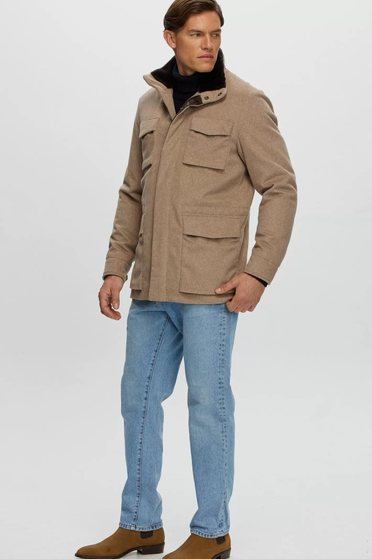 Veste homme GORSKI Montréal en tissu premium avec col en laine mérinos et agneau shearling - Confort hivernal et élégance urbaine