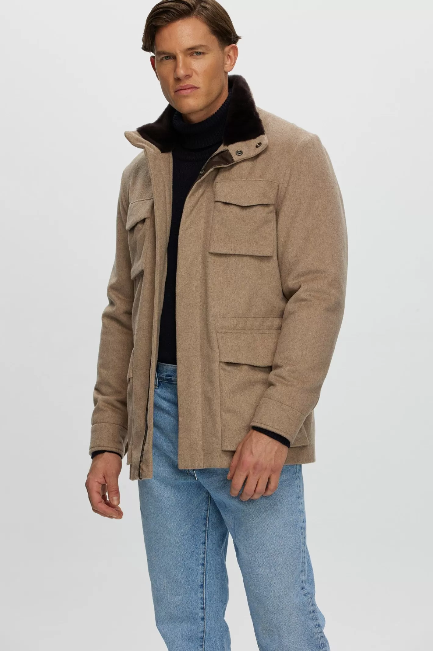 Veste homme GORSKI Montréal en tissu premium avec col en laine mérinos et agneau shearling - Confort hivernal et élégance urbaine