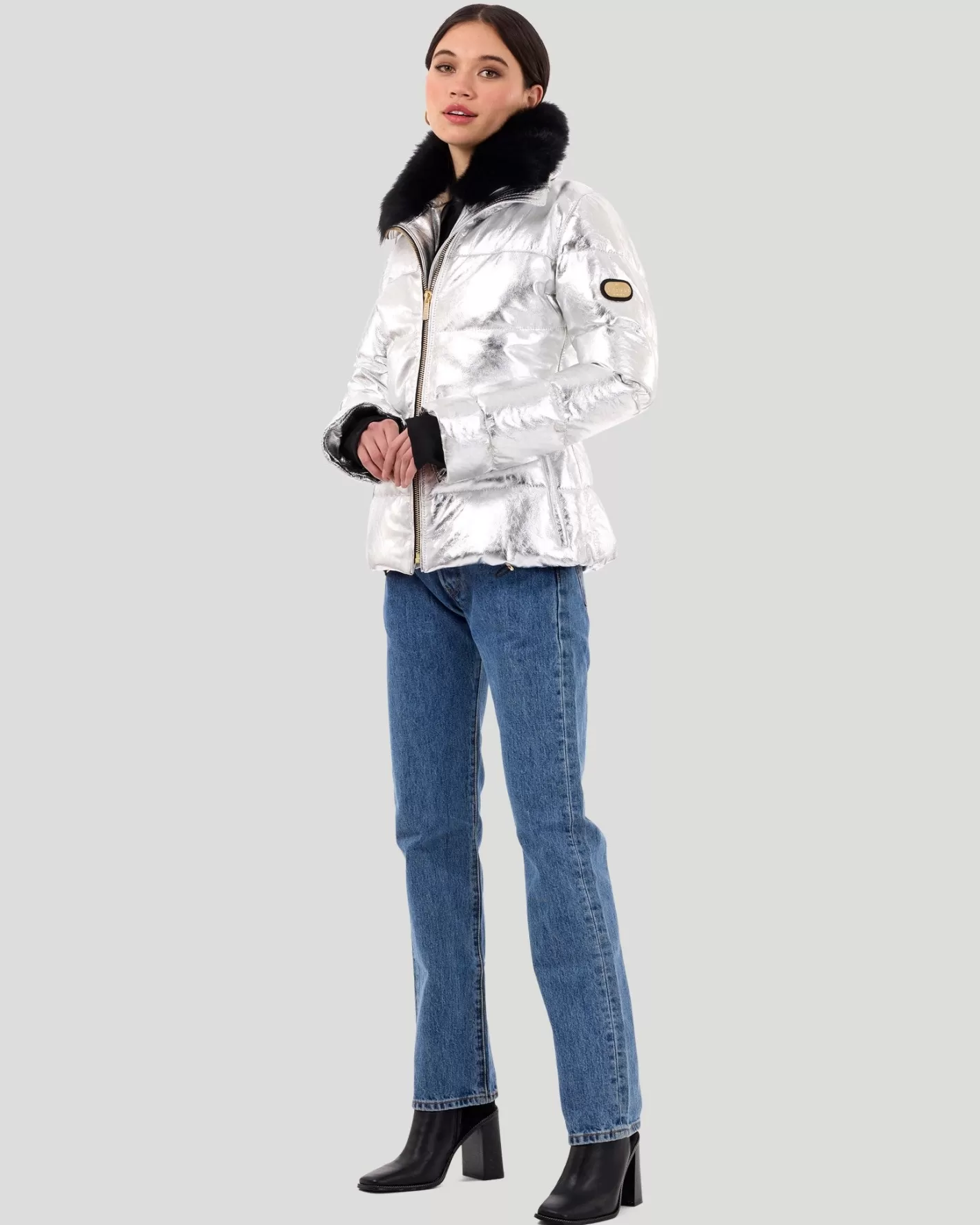 Veste métallisée GORSKI Montréal pour après-ski - Col amovible en agneau shearling toscane - Conçu pour les sorties montagne élégantes