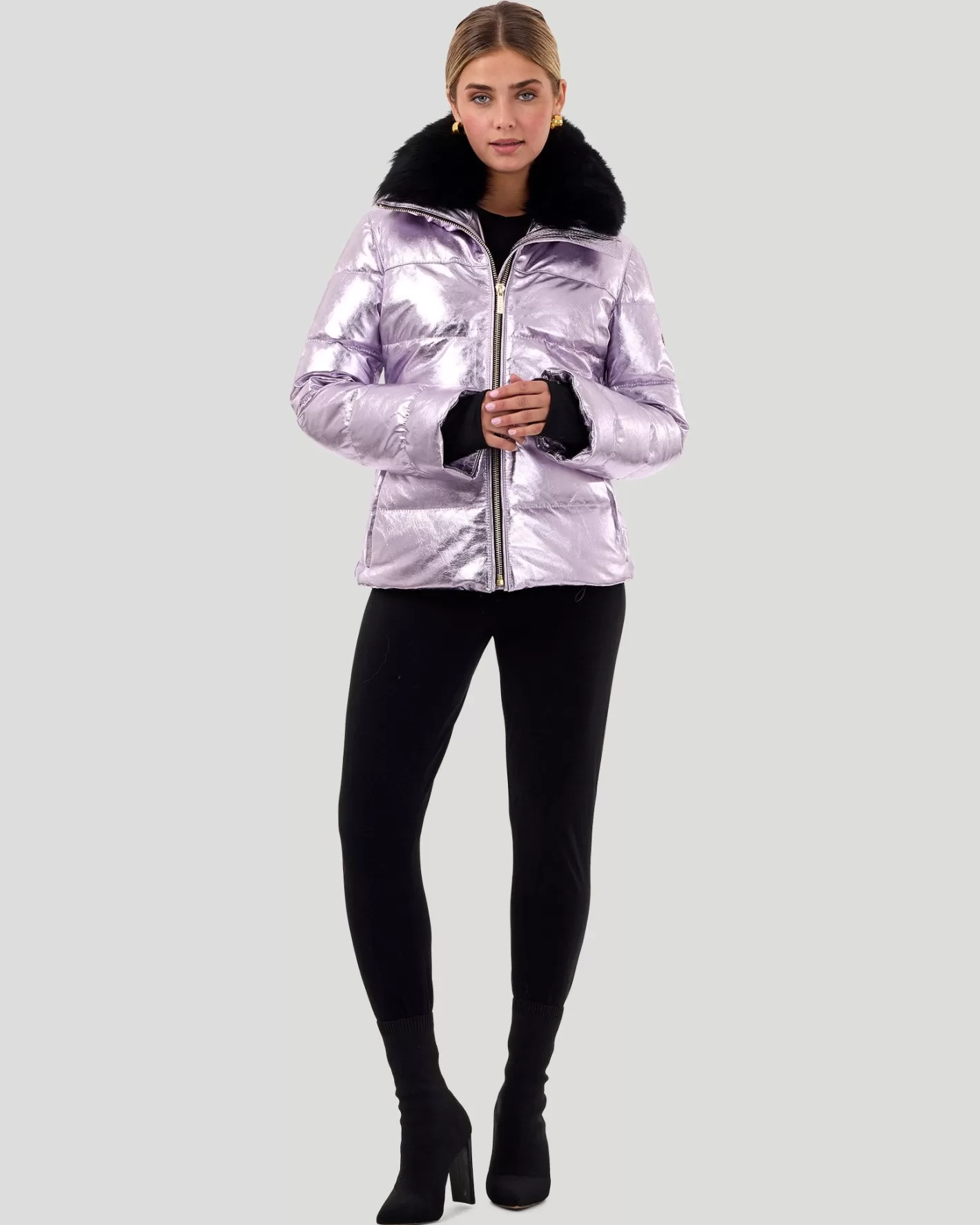 Veste métallisée GORSKI Montréal pour après-ski - Col amovible en agneau shearling toscane - Conçu pour les sorties montagne élégantes