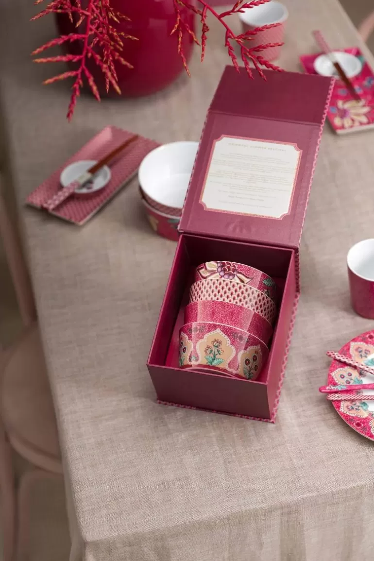 Pip Studio - Collection Fête des Fleurs Orientales | Set de 4 Assiettes à Dessert 12 cm - Motif Kommen Donker rose | En Promotion