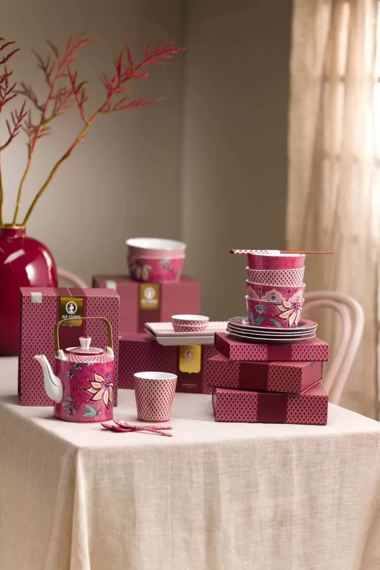 Pip Studio - Collection Fête des Fleurs Orientales | Set de 4 Assiettes à Dessert 12 cm - Motif Kommen Donker rose | En Promotion