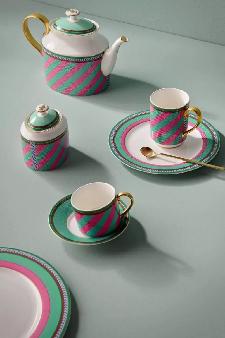 Assiette Déco Petit Déjeuner Rayures Chic - Pip Studio Collection Printanière, Rose Poudré & Vert Frais - Format 23 cm