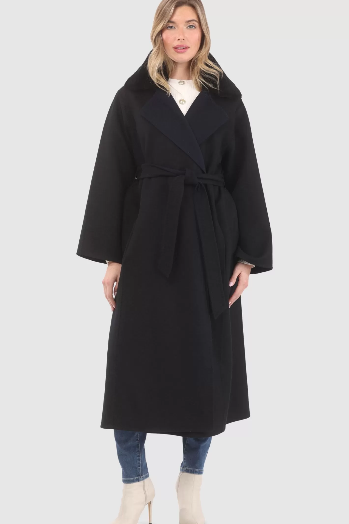 Manteau Double Face Élégant pour Femme GORSKI Montréal - Laine Premium Loro Piana avec Col Amovible en Shearling Véritable et Ceinture Coordonnée