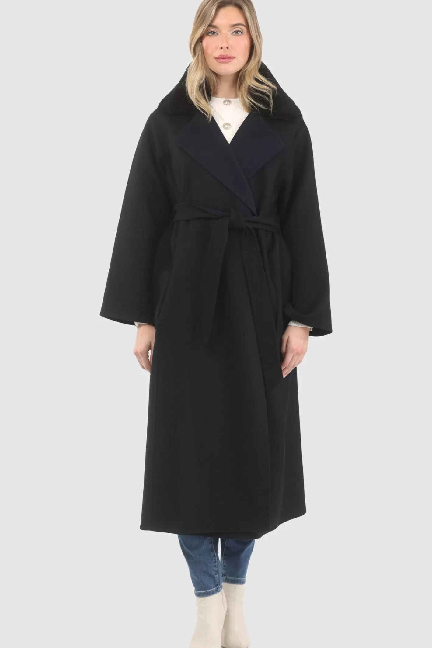 Manteau Double Face Élégant pour Femme GORSKI Montréal - Laine Premium Loro Piana avec Col Amovible en Shearling Véritable et Ceinture Coordonnée