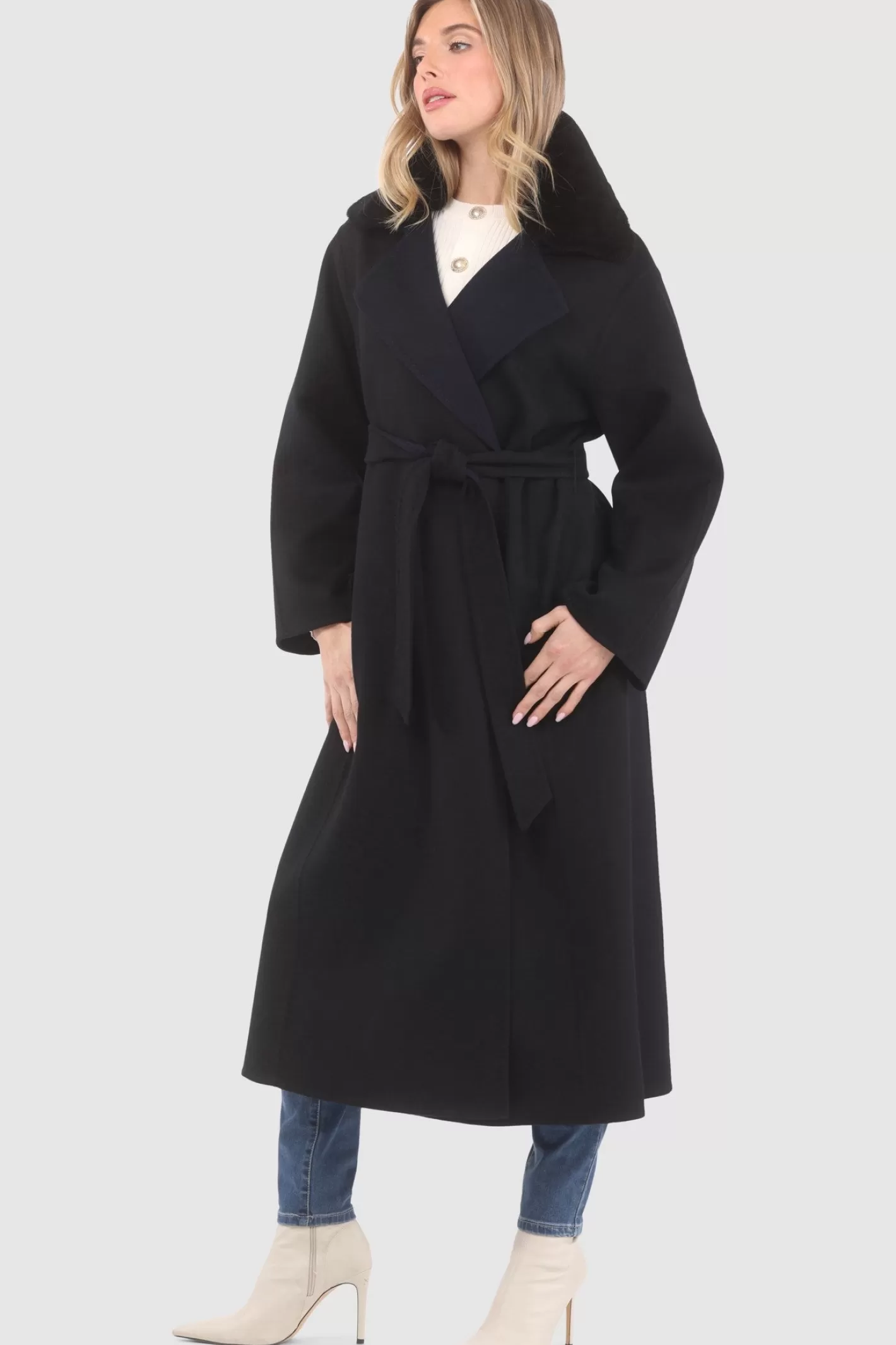 Manteau Double Face Élégant pour Femme GORSKI Montréal - Laine Premium Loro Piana avec Col Amovible en Shearling Véritable et Ceinture Coordonnée