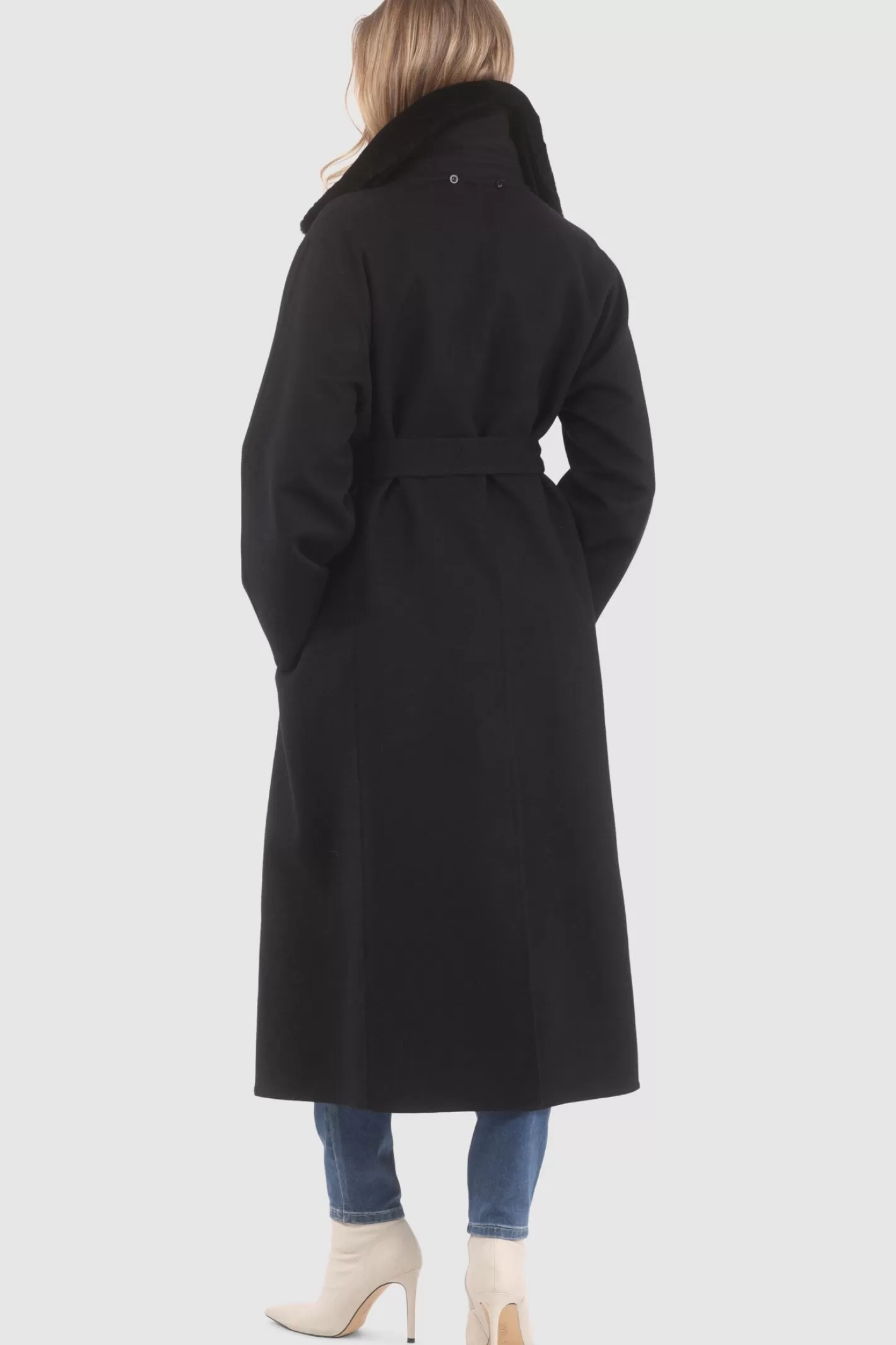 Manteau Double Face Élégant pour Femme GORSKI Montréal - Laine Premium Loro Piana avec Col Amovible en Shearling Véritable et Ceinture Coordonnée