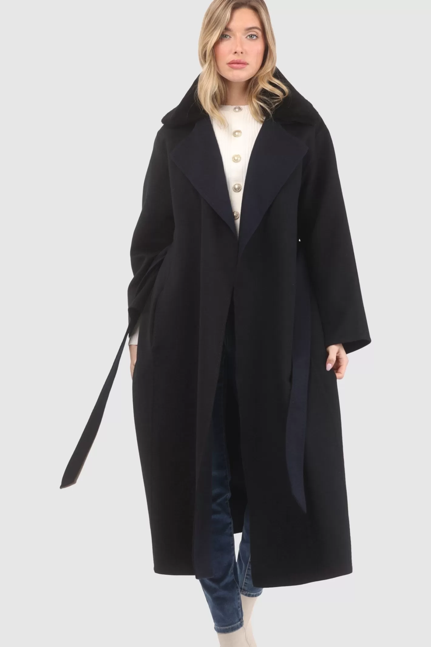Manteau Double Face Élégant pour Femme GORSKI Montréal - Laine Premium Loro Piana avec Col Amovible en Shearling Véritable et Ceinture Coordonnée