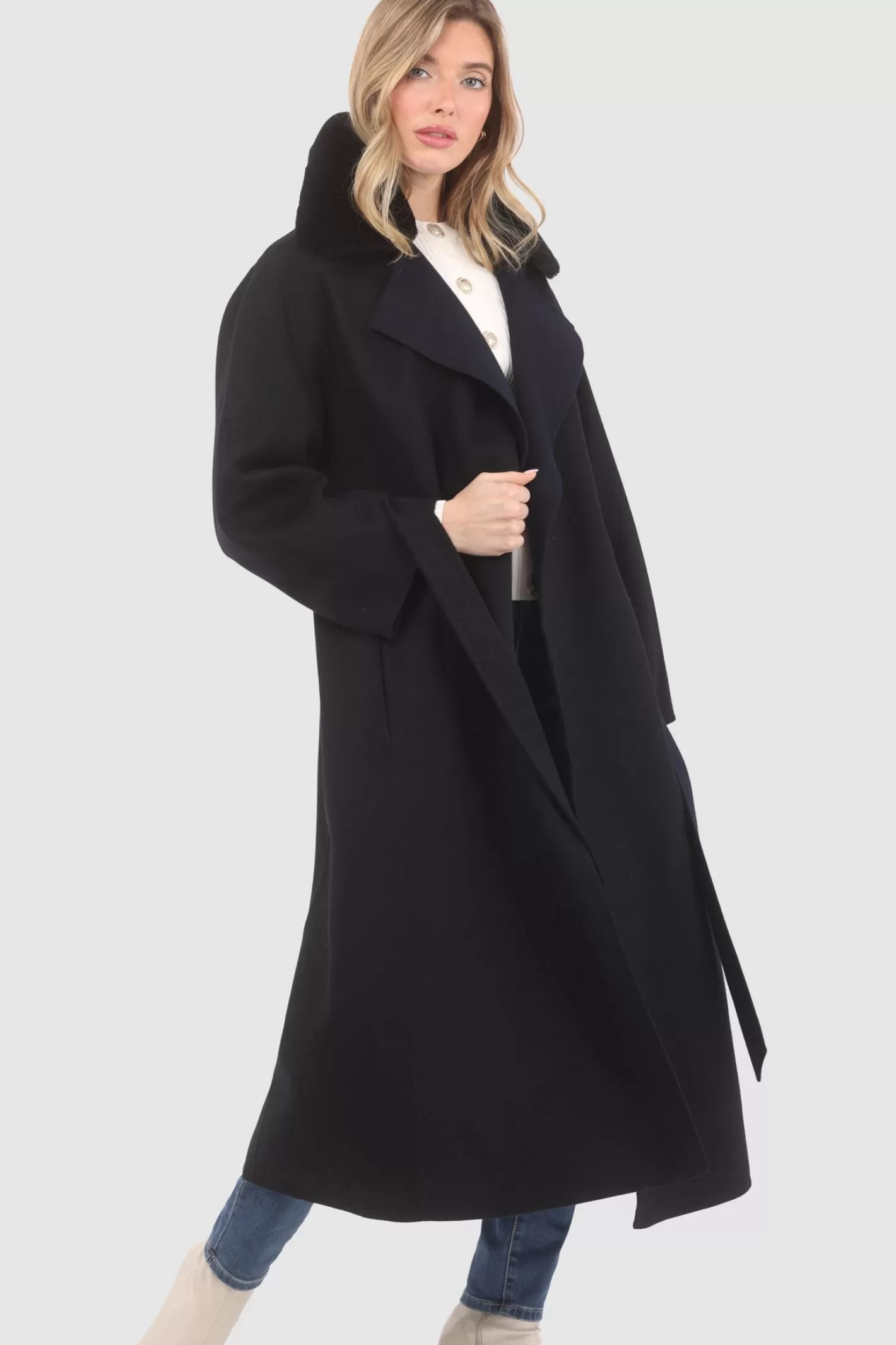 Manteau Double Face Élégant pour Femme GORSKI Montréal - Laine Premium Loro Piana avec Col Amovible en Shearling Véritable et Ceinture Coordonnée