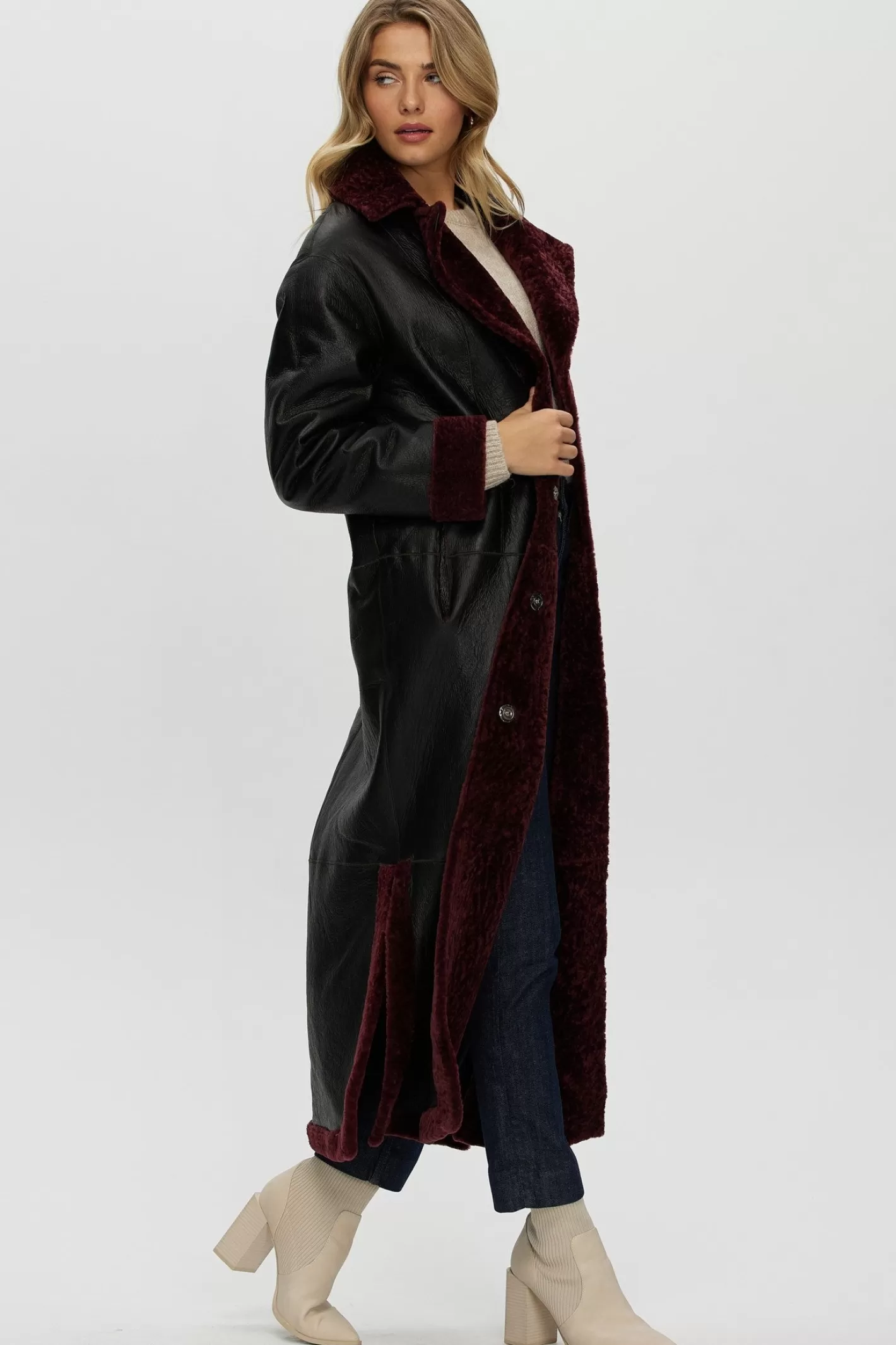 GORSKI Montréal - Veste réversible en agneau shearling avec fentes latérales et ceinture ajustable pour femme