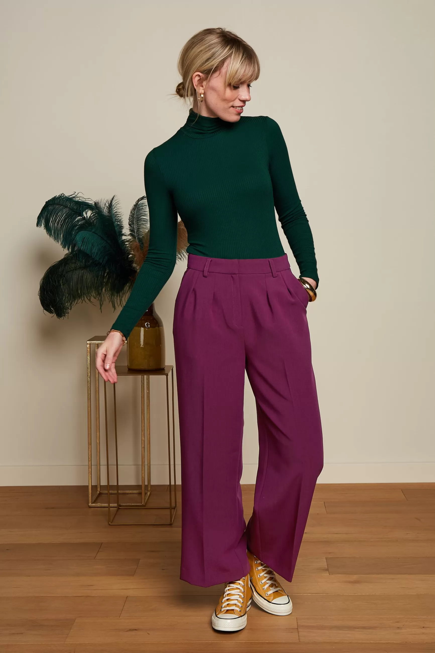 DAMES Pull Femme King Louie Col Montant en Maille Côtes Uni - Tunique Confortable à Motifs Texturés