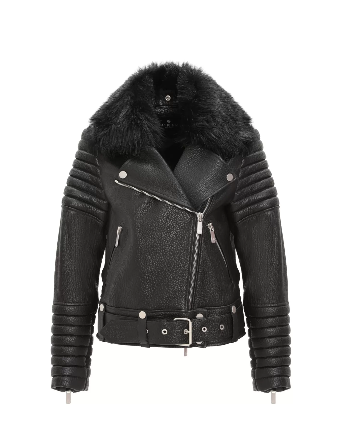 Veste moto féminine GORSKI Montréal en cuir d'agneau - Col détachable en shearling Toscana et fermeture éclair premium 

Style urbain intemporel avec des détails de maroquinerie raffinée, dotée d'une doublure amovible en agneau shearling pour un ajustement personnalisé. Modèle exclusif conçu pour les saisons fraîches.