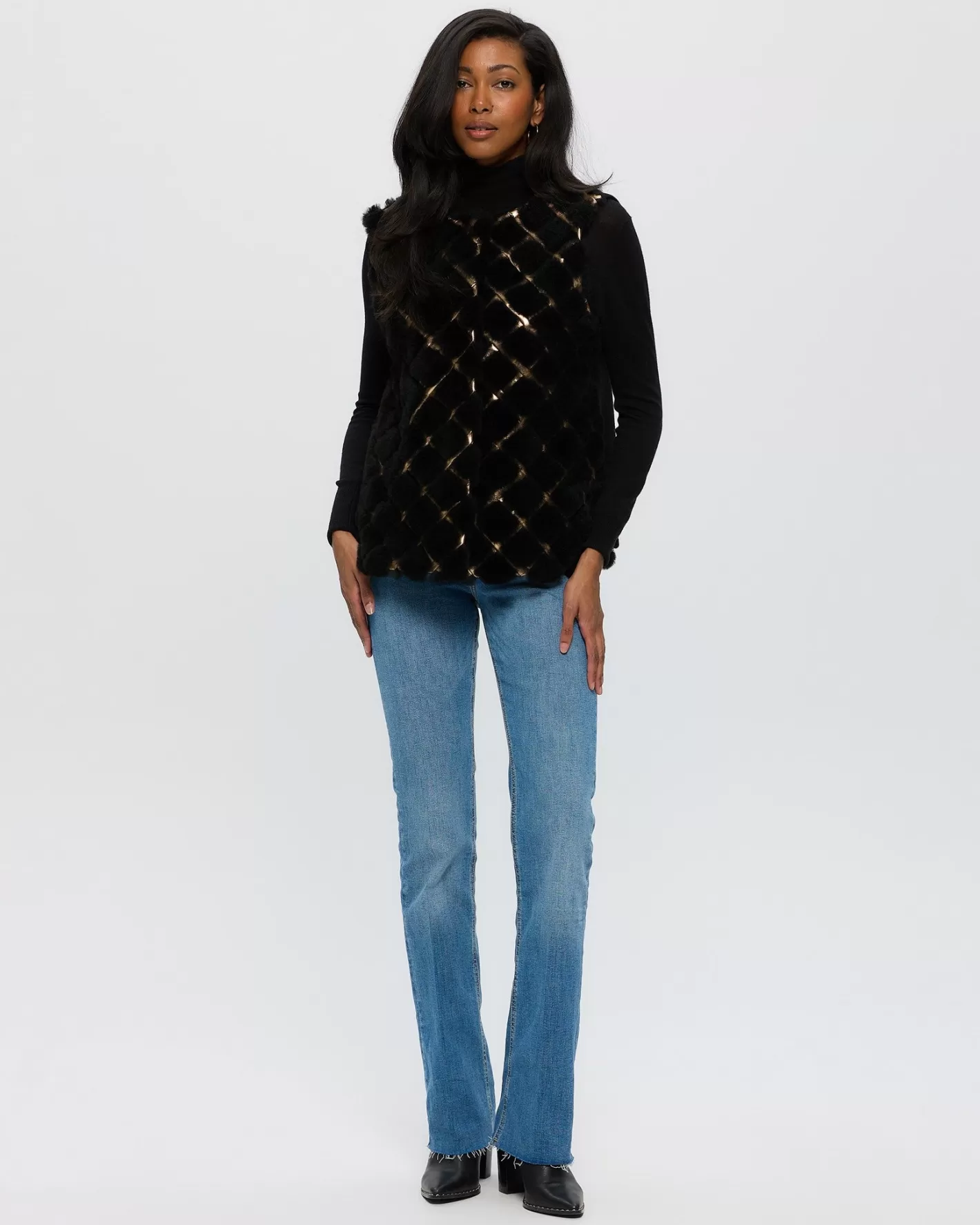Veste féminine sans col en cachemire tondu - Insertions cuir et dos en laine de chèvre - Collection Montréal by GORSKI