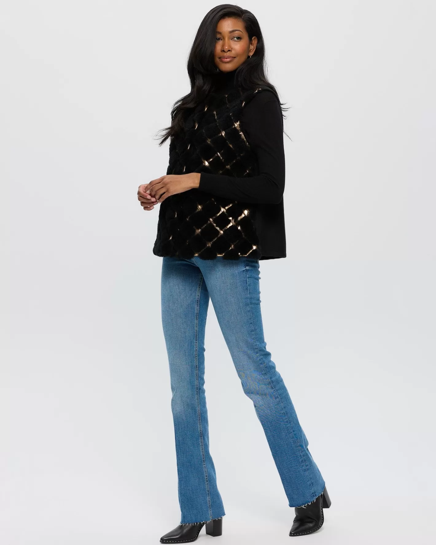 Veste féminine sans col en cachemire tondu - Insertions cuir et dos en laine de chèvre - Collection Montréal by GORSKI
