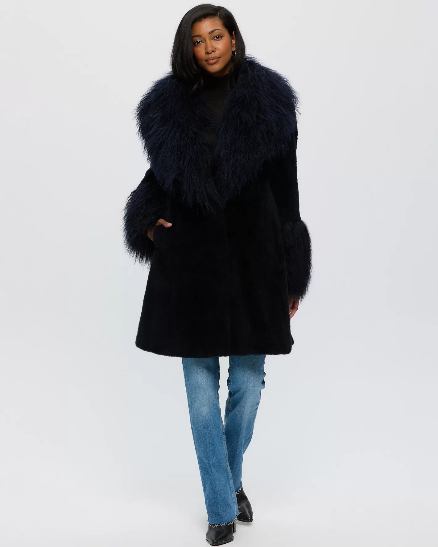 GORSKI Montréal – Veste Femme en Cachemire de Chèvre Tondu avec Col en Pois Mongole et Manchettes assorties