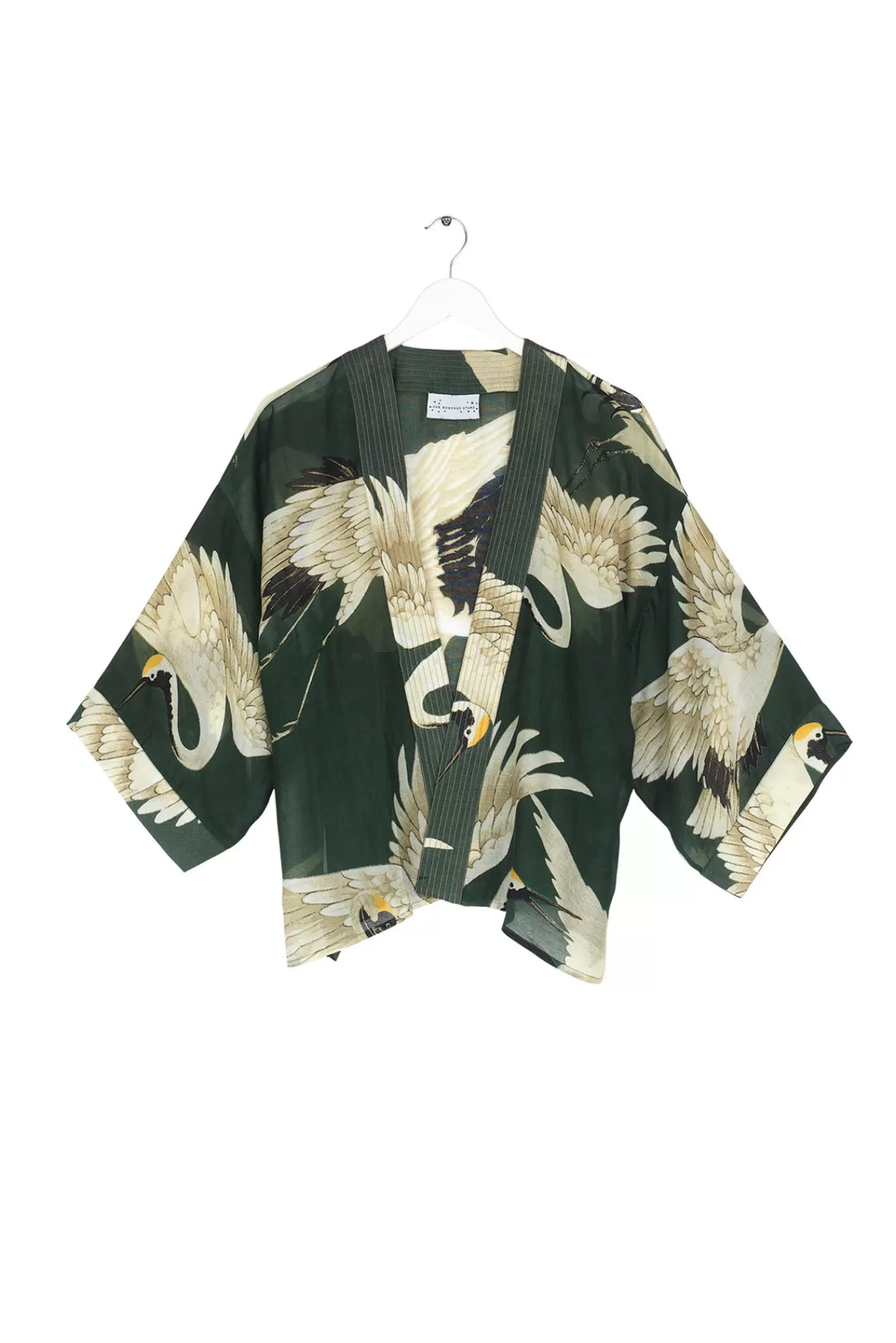 Kimono Court Femme « Cent Étoiles » - Inspiration Forêt Mystique Vert Cyprès, Édition Héron Majestueux