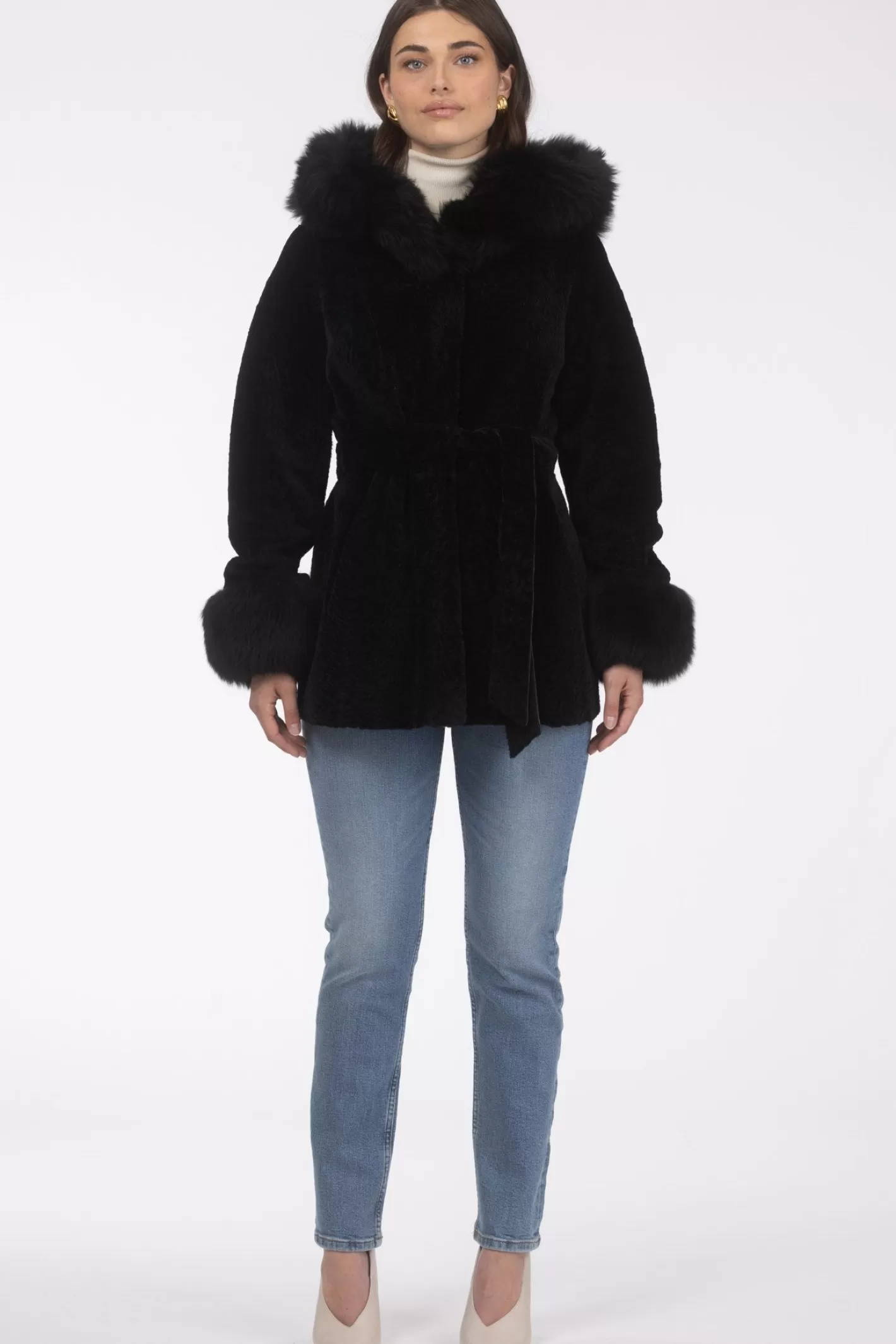 Parka réversible en agneau shearling texturé GORSKI Montréal – Capuche et poignets en agneau shearling Merinillo, ceinture incluse