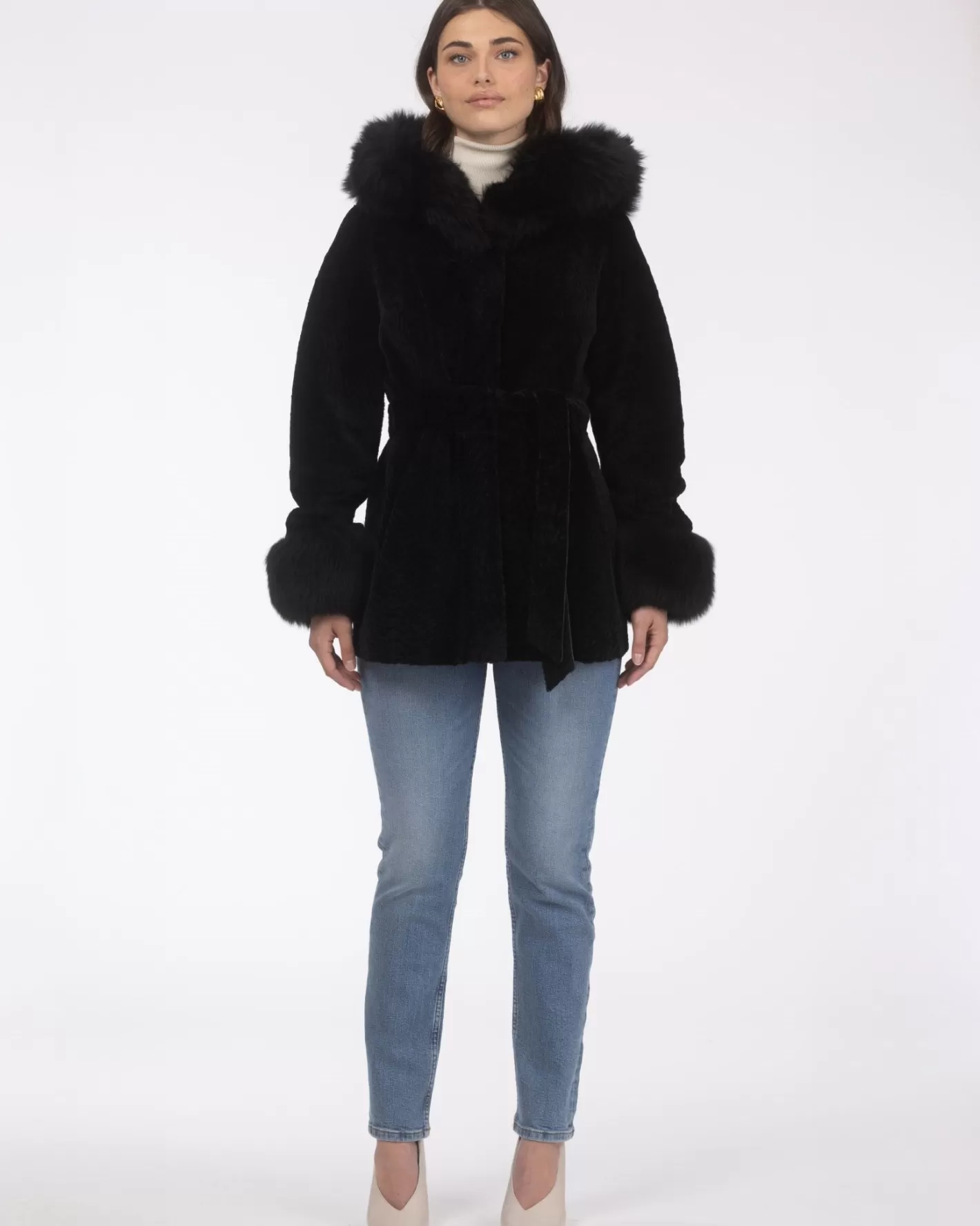 Parka réversible en agneau shearling texturé GORSKI Montréal – Capuche et poignets en agneau shearling Merinillo, ceinture incluse
