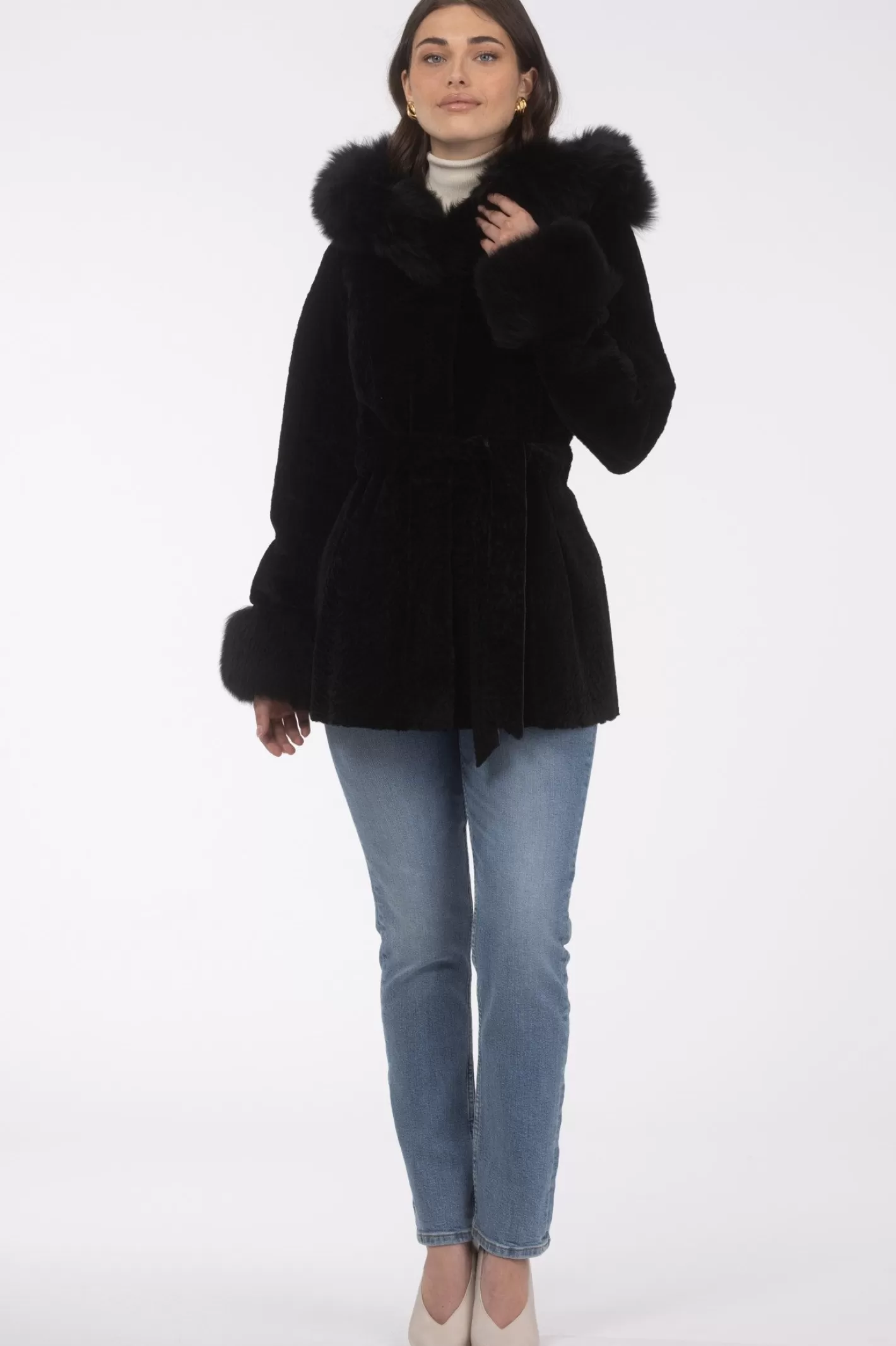 Parka réversible en agneau shearling texturé GORSKI Montréal – Capuche et poignets en agneau shearling Merinillo, ceinture incluse
