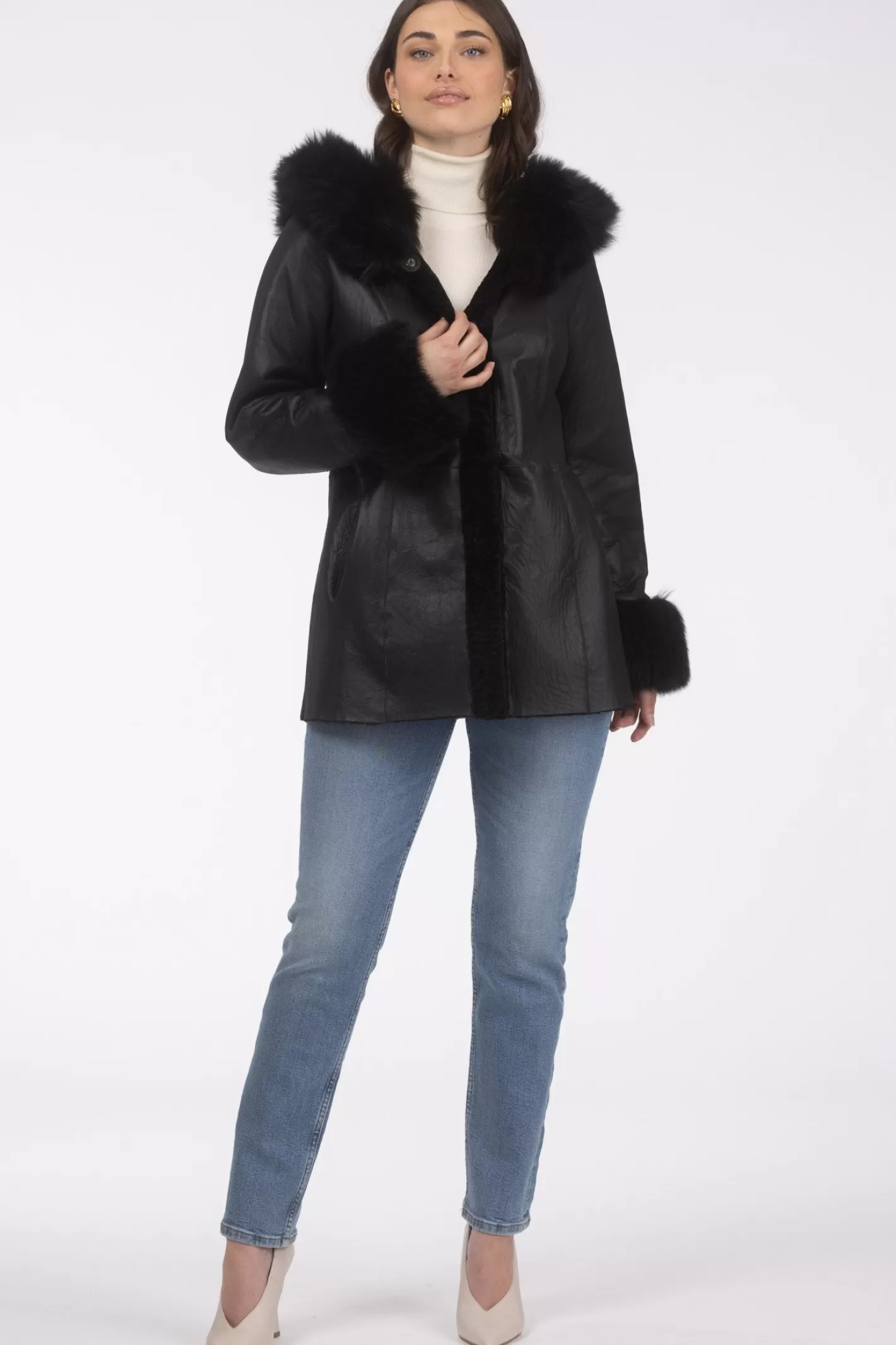 Parka réversible en agneau shearling texturé GORSKI Montréal – Capuche et poignets en agneau shearling Merinillo, ceinture incluse