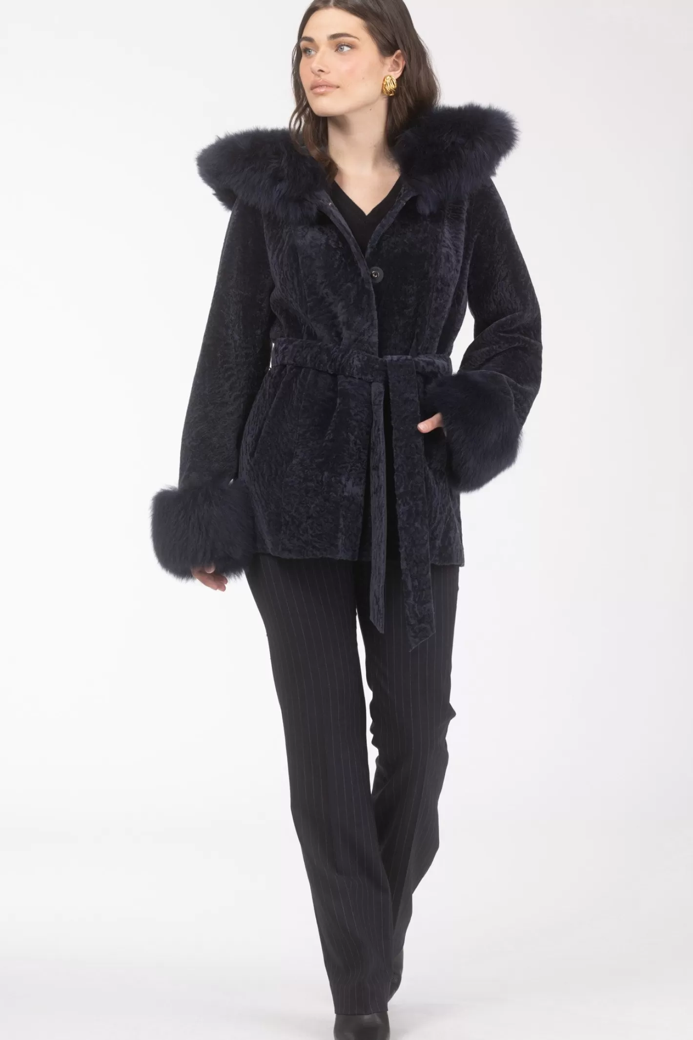Parka réversible en agneau shearling texturé GORSKI Montréal – Capuche et poignets en agneau shearling Merinillo, ceinture incluse