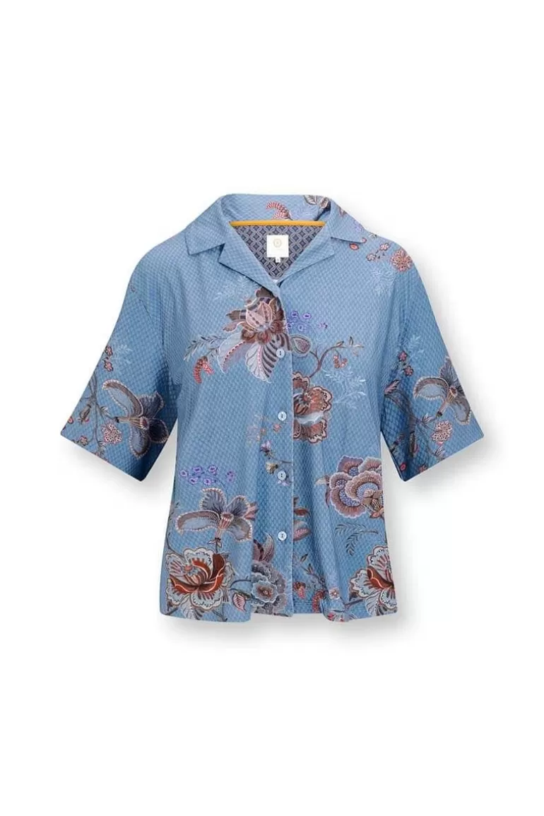 Décolleté estival PIP STUDIO à manches courtes - Motif floral vibrante en bleu azur, promotion exclusive
