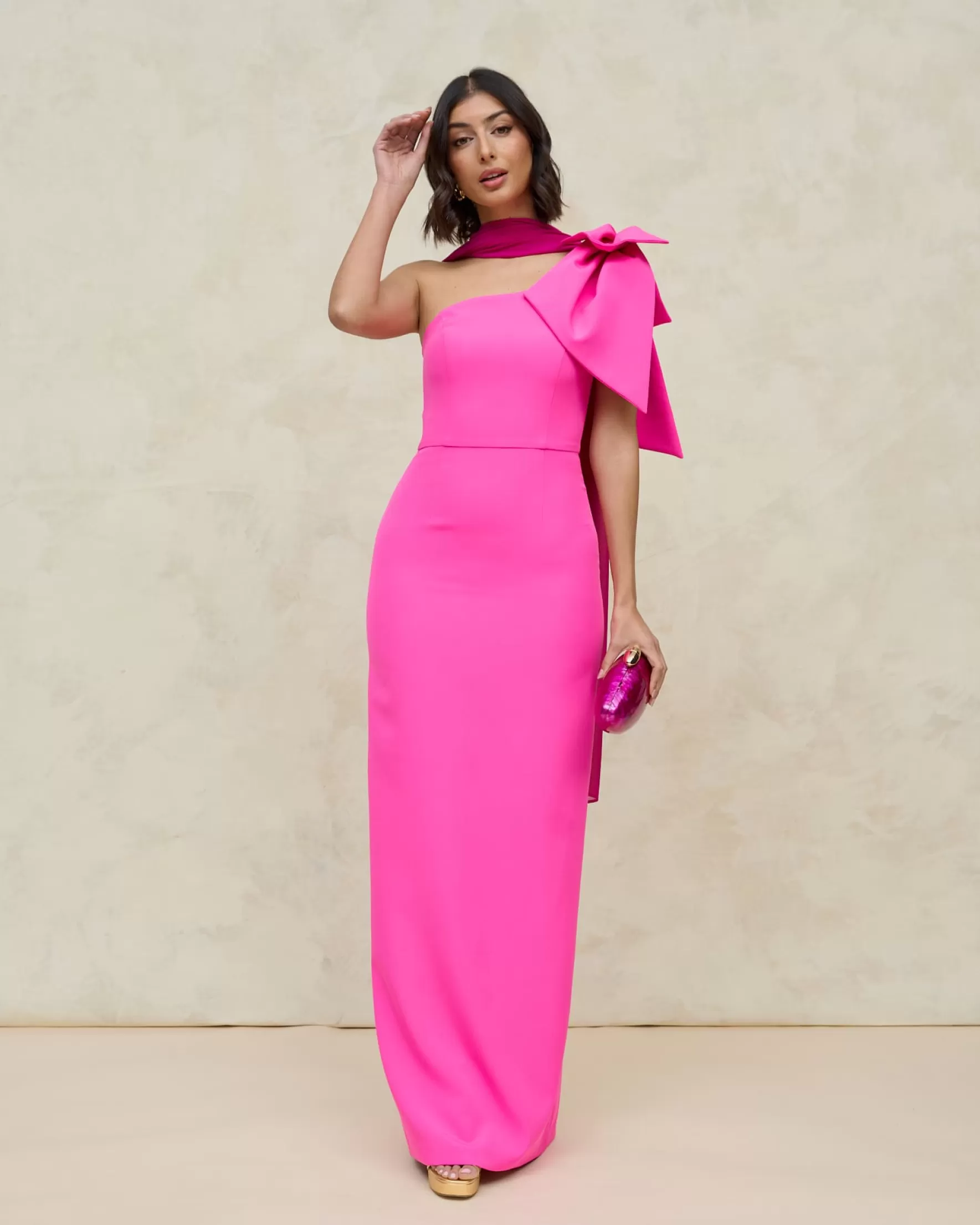 Robe Longue Élégante en Mousseline avec Motif Pétales Fuchsia - Collection Printemps Miphai